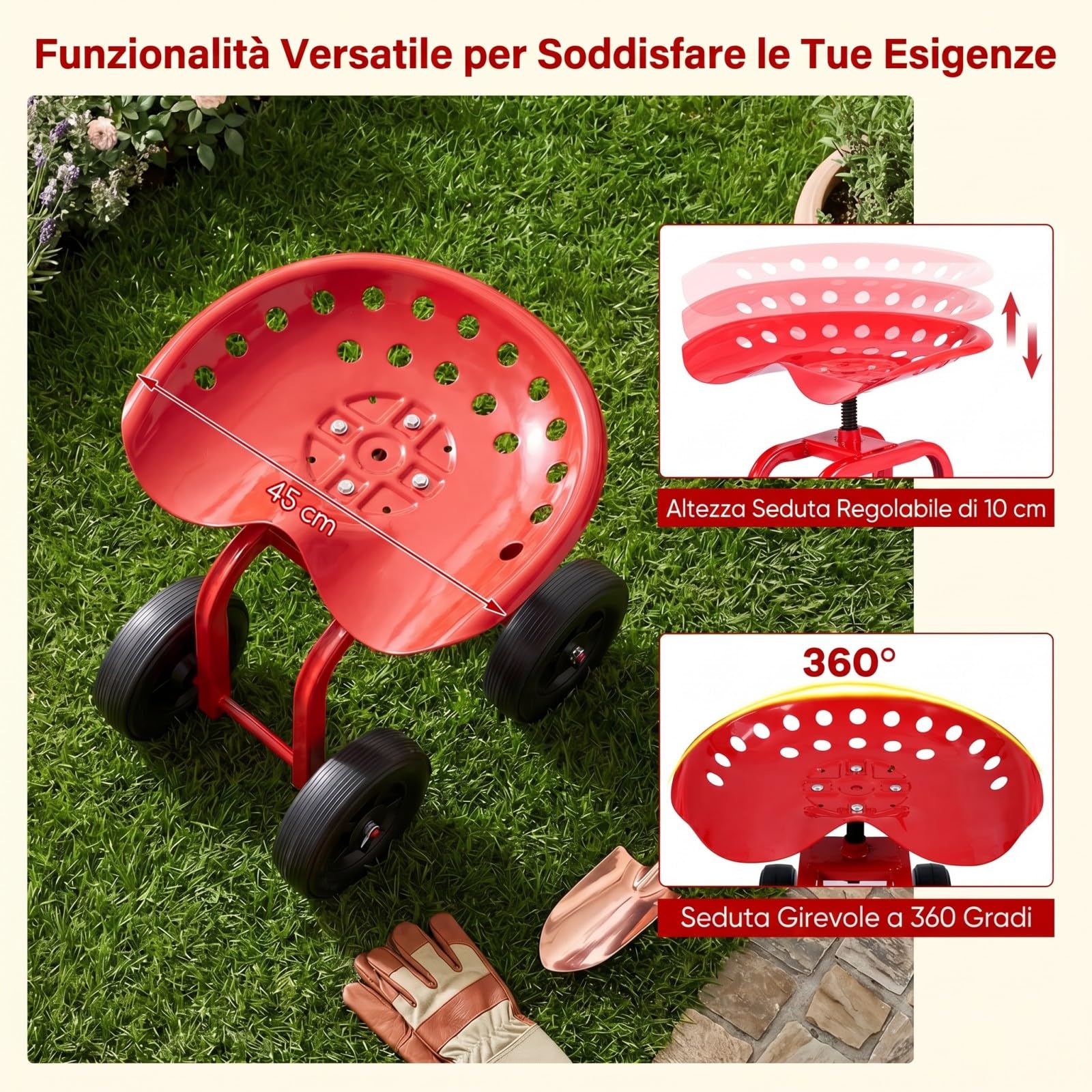COSTWAY Sgabello con Ruote per Giardinaggio, Sedile con Ruote Regolabile in Altezza e Portatile, Seggiolino da Giardino, Prato e Cortile, Portata 150kg (Rosso)