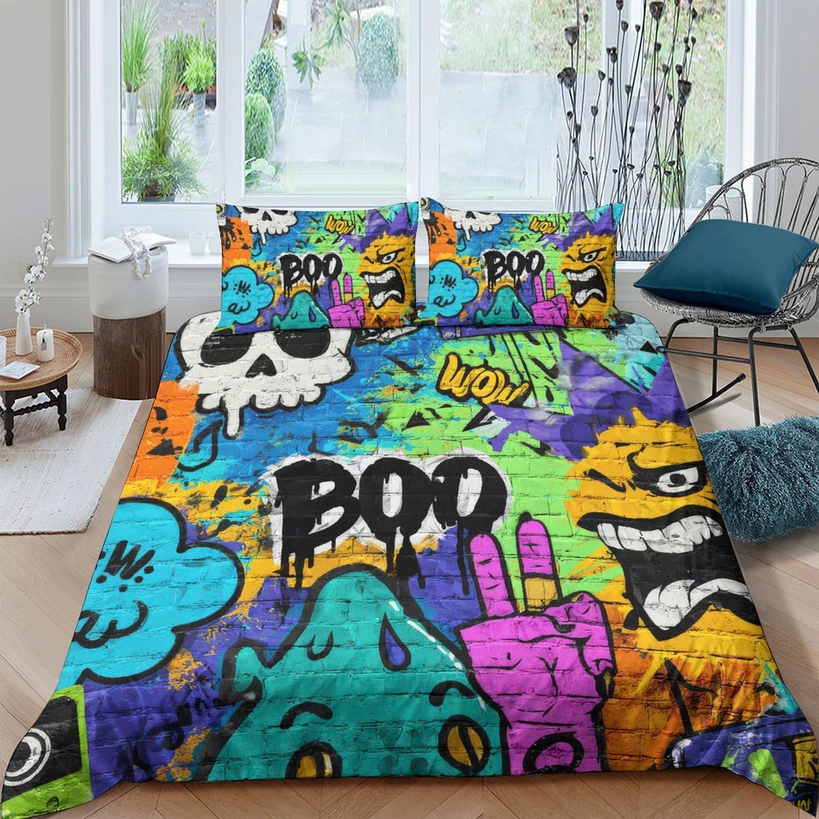 Ctjqhvkz Style-1 3D Printed Graffiti Cartoon Fitted Sheet Microfiber Soft Anti-Slip Boo Doodle Bed Cover For Bedroom Guest Room Decor Single（135X200cm）