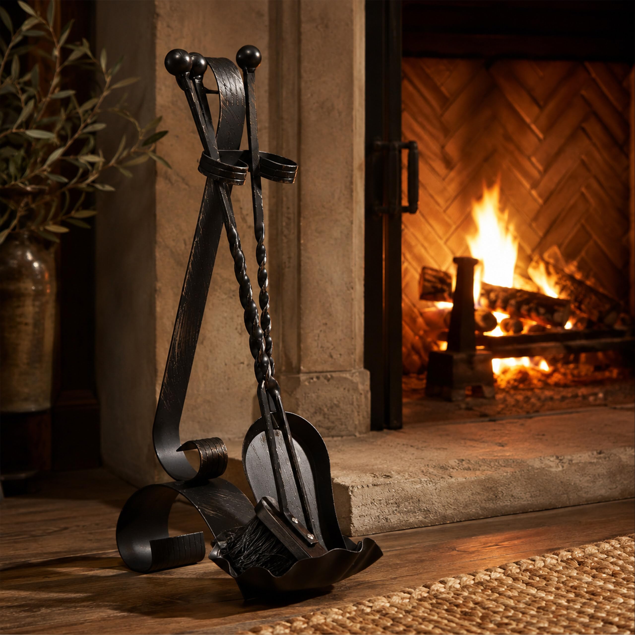 Relaxdays Ensemble serviteur de cheminée 4 pièces Accessoire Acier Balai tisonnier Pelle, Noir