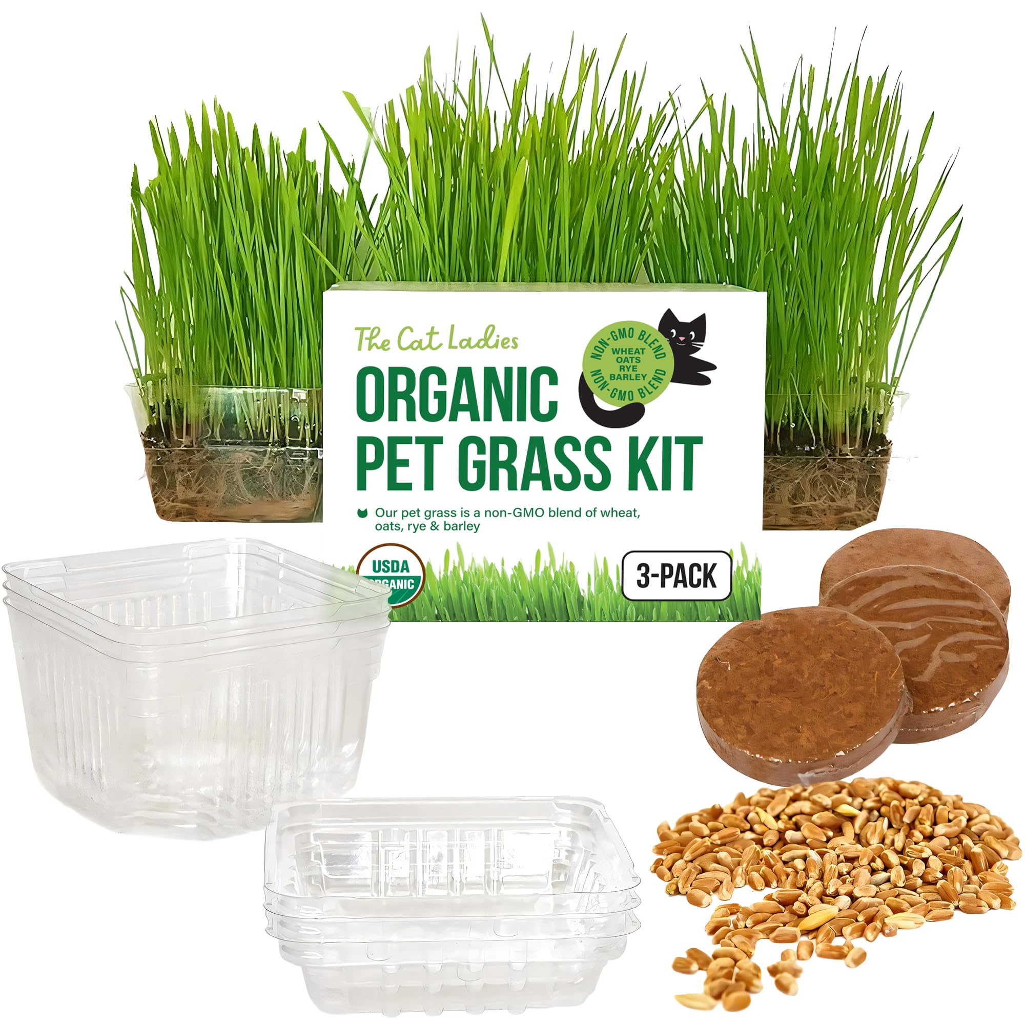 Cat Grass Growing Kit - 3 Pack Organic Seed, Soil and BPA Free containers (Non GMO). All of Our Seed is Locally sourced!