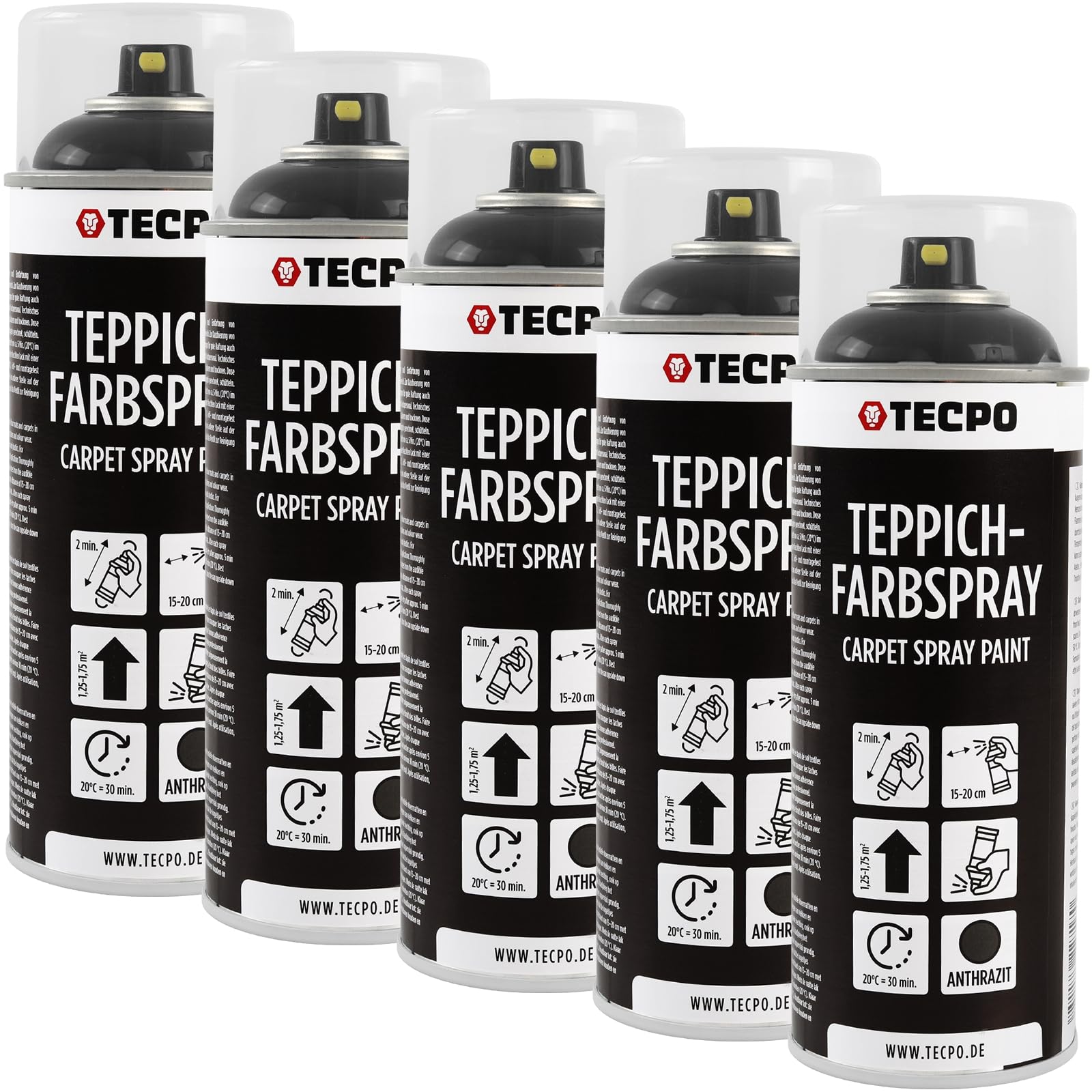 TECPO Spray de pintura para alfombras, 5 x 400 ml, color antracita, para alfombras, alfombrillas de coche, tejido de goma, plástico, tratamiento interior