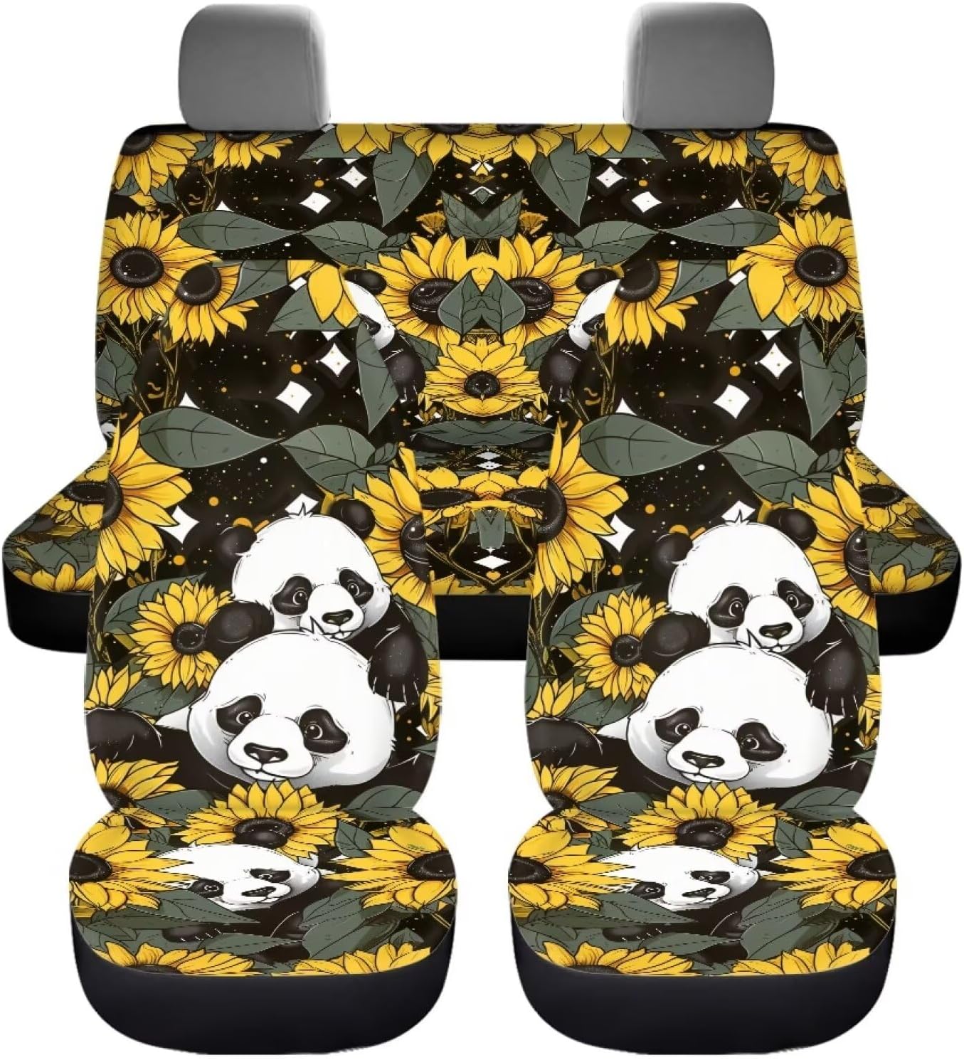 Panda Sunflower Print Car Seat Cover Full Set, Car Front/Rear Seat Cover Fits for Truck SUV Sedan Van, Universal Auto Interior Accessories, Set of 4