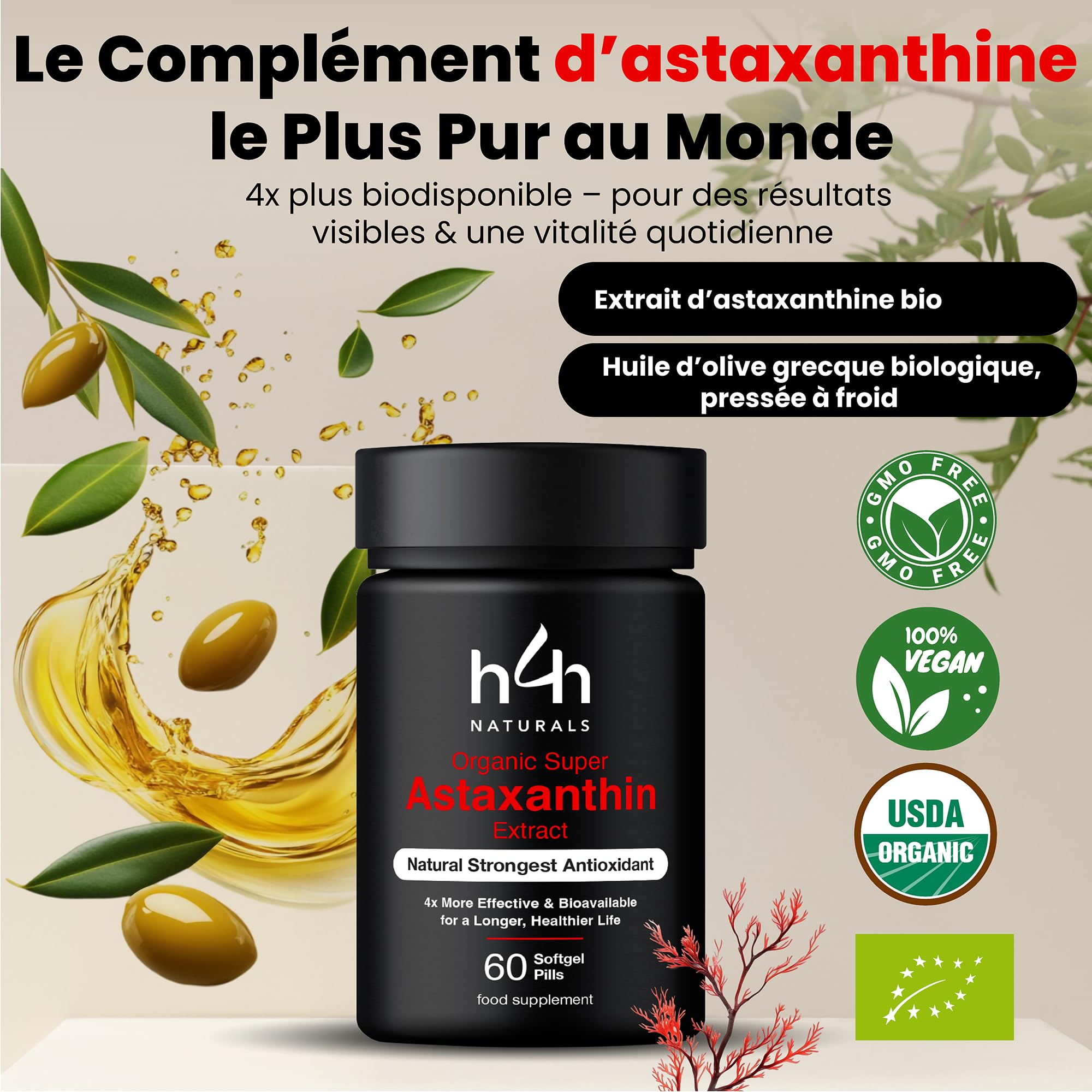 Super astaxanthine biologique – Forte dose et absorption 4 fois supérieure | Certifié biologique à l'huile d'olive grecque | Végan, testé en laboratoire, sans additifs – H4H Naturals