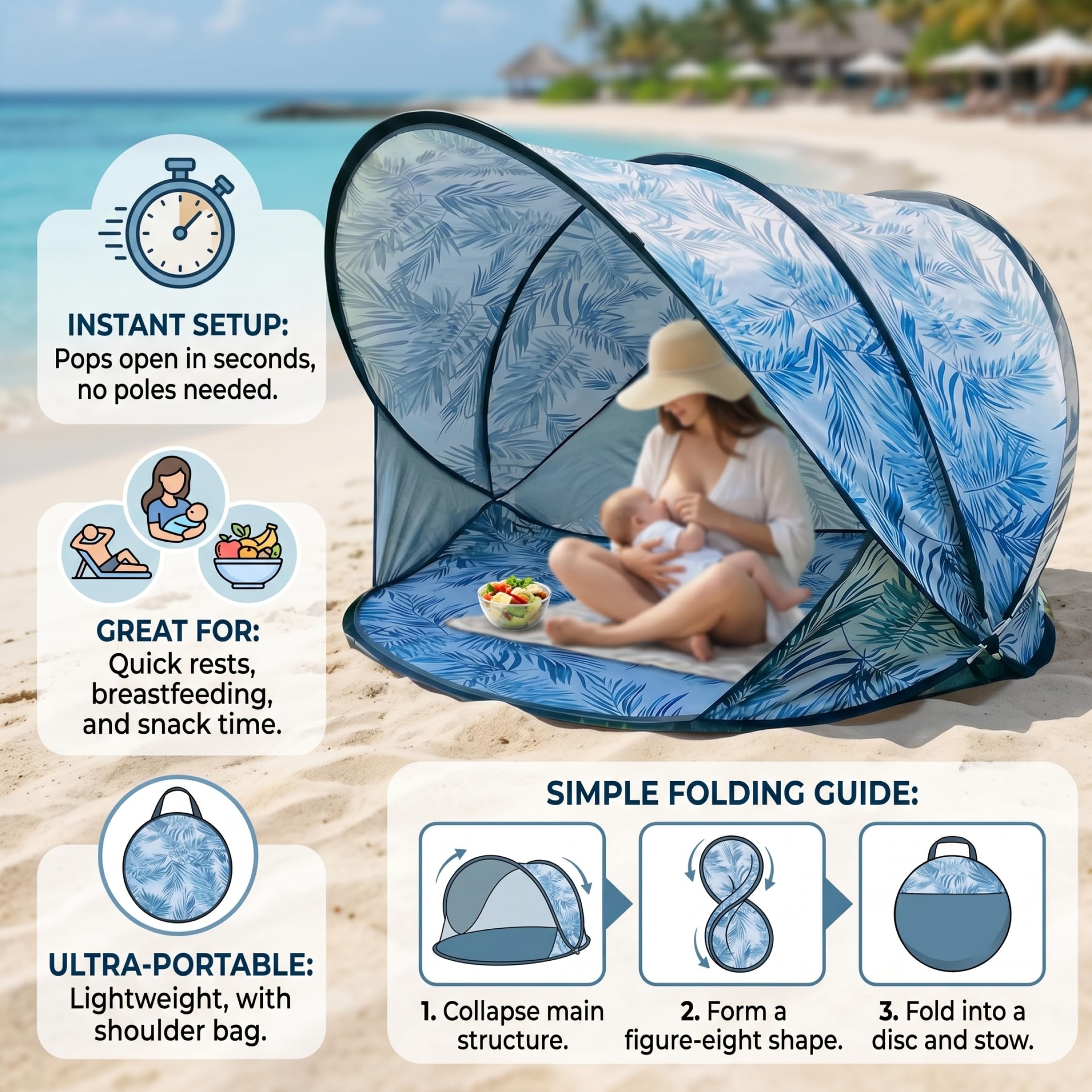 Tente de Plage Bleue pour 2 Personnes UPF 50+, abri Solaire pour Nourrissons et Tout-Petits, auvent pour Plage, Parc, Voyage