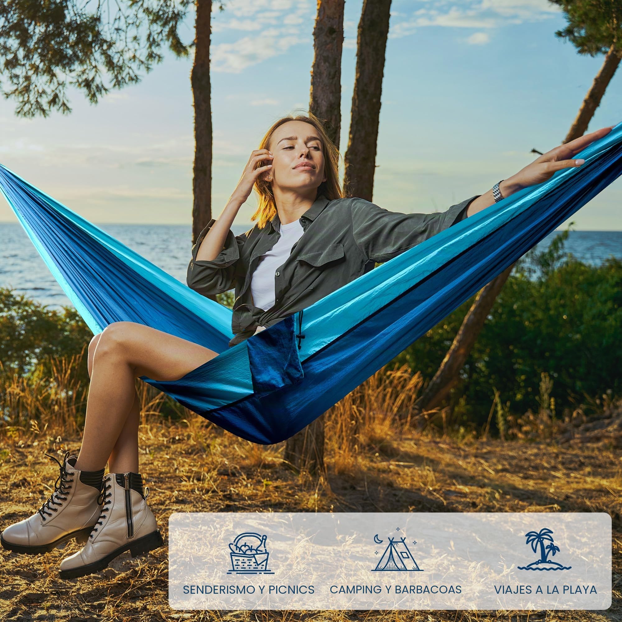 hamaca de camping al aire libre, hamacas de paracaídas portátiles superligeras con dos correas de árbol, nailon para árbol de viaje (azul lago, 280 x 140 cm)