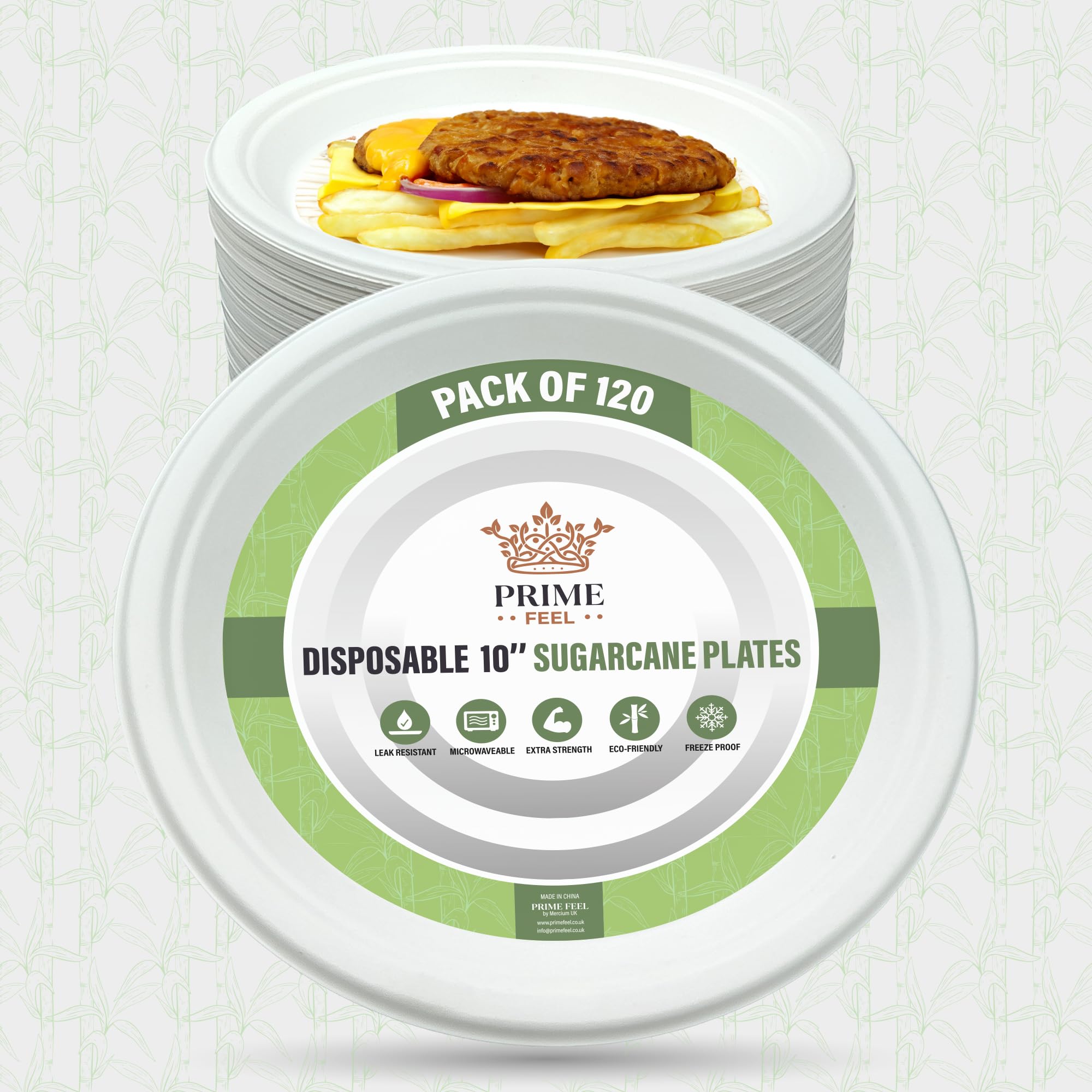 PRIME FEEL 10 Inch Disposable Paper Plates (120 Pack), 100% Compostable Sugarcane Plates