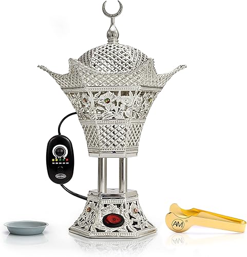AM Regulator - Quemador de incienso eléctrico, quemador de resina de incienso Oud con temporizador ajustable, Hilal (plateado)