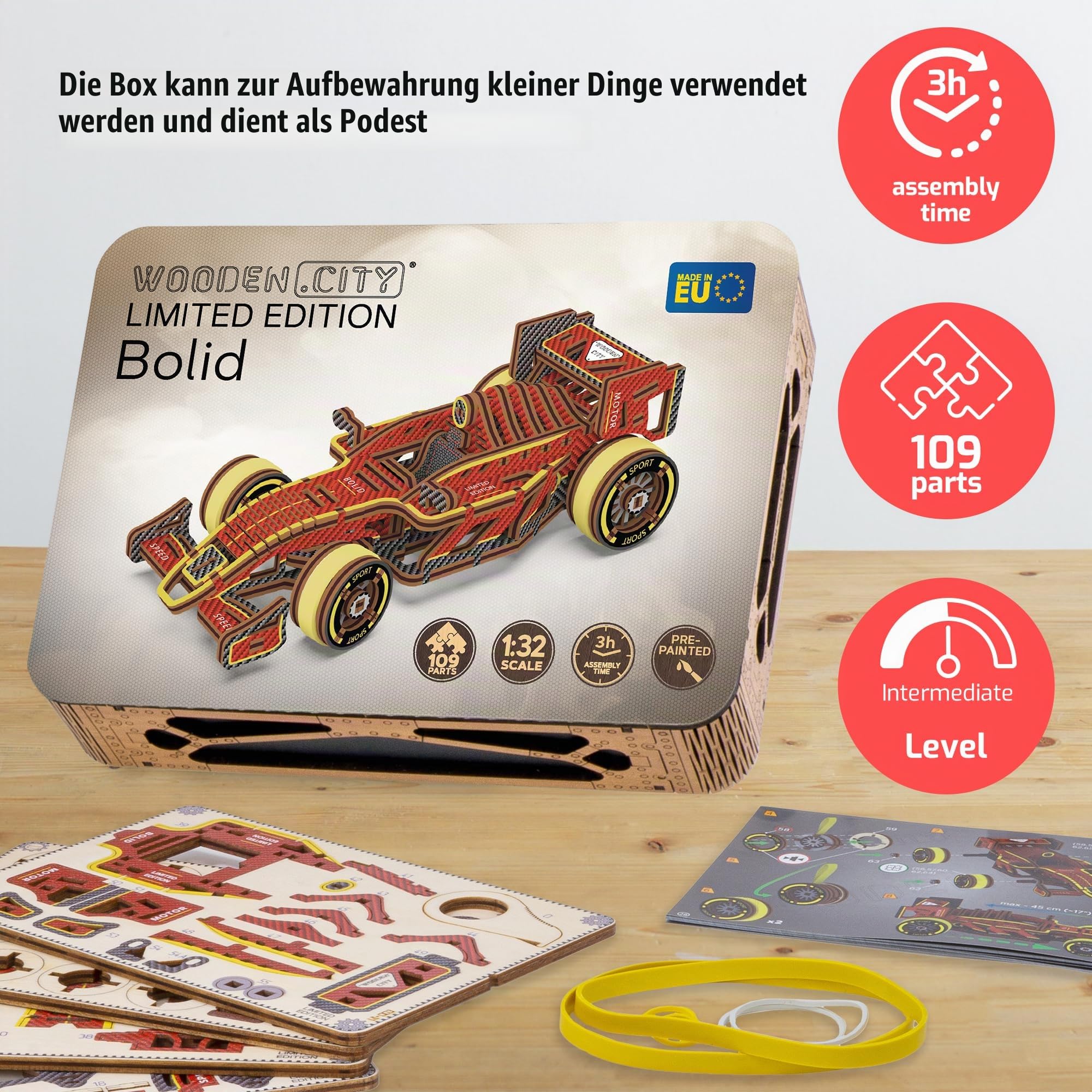 WOODEN.CITY Bolid Limited Edition - 3D-Holz Rennwagen Formel 1, Holzpuzzle Erwachsene, Modellauto Bastelset, Laser Cut 3D Puzzle, Bausatz Erwachsene, Modellbausatz, Holzbausatz