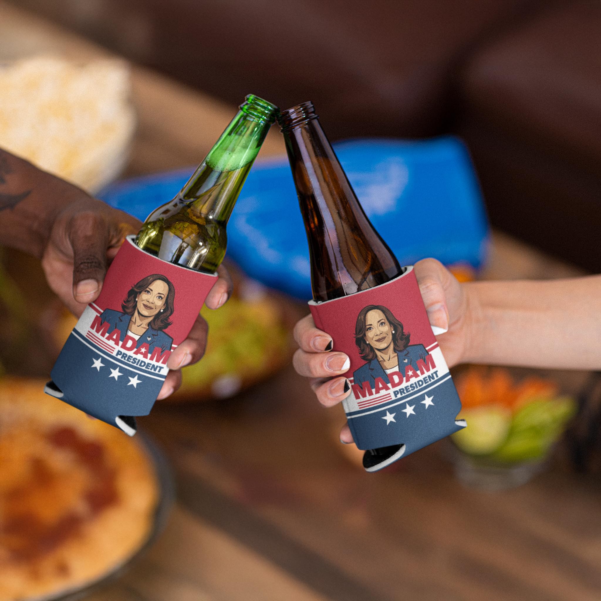 Kamala Harris Watch Party Bundle - Can Coolers, Cupcake Toppers & Lapel Stickers Set, Perfect for Election Viewing Parties (50)
