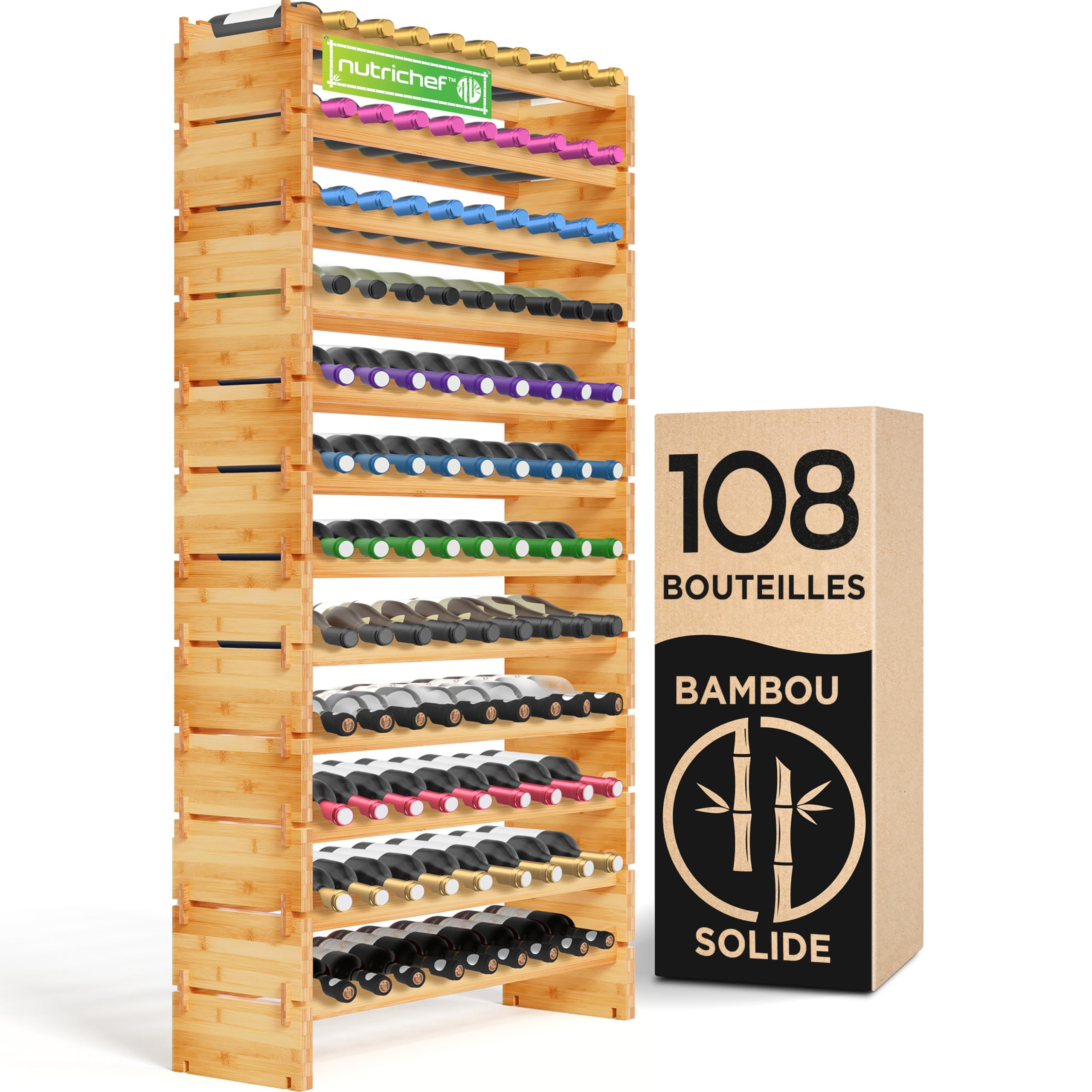 Range bouteille vin haut de gamme en bambou NutriChef, le grand casier esthétique pour cave