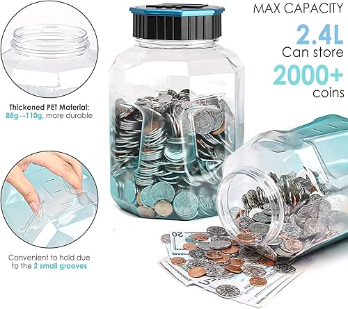 Miniatura 4 de Vcertcpl - Alcancía grande para adultos y niños, banco de monedas digital con capacidad de 2.4 litros, gran contador de monedas, tarro de conteo de