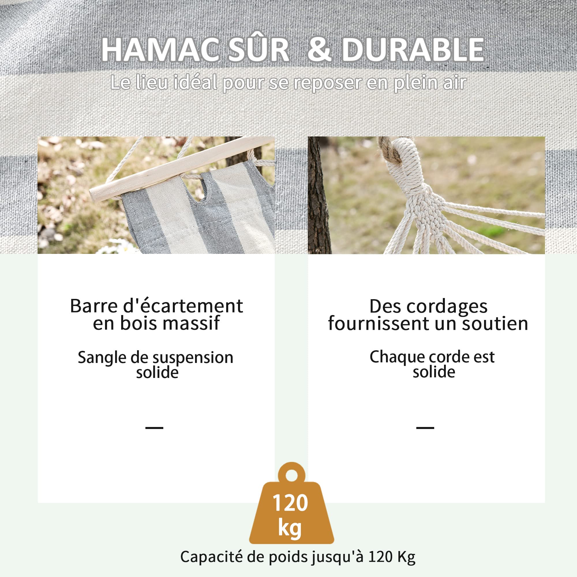 Outsunny Hamac de Voyage Portable Style Hippie Chic Toile de hamac dim. 2L x 1l m Coton Polyester Gris écru rayé