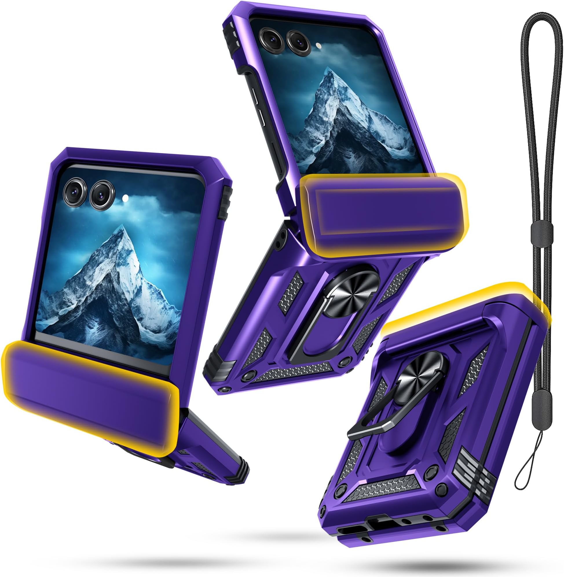 Case for Moto Razr 2024/2025/2026,Razr+ Plus 2024/2025/2026 with Lanyard+Hinge Protection+Finger Ring Holder Kickstand,Dual-Layer Full Body Protective Shockproof Phone Cover,Purple