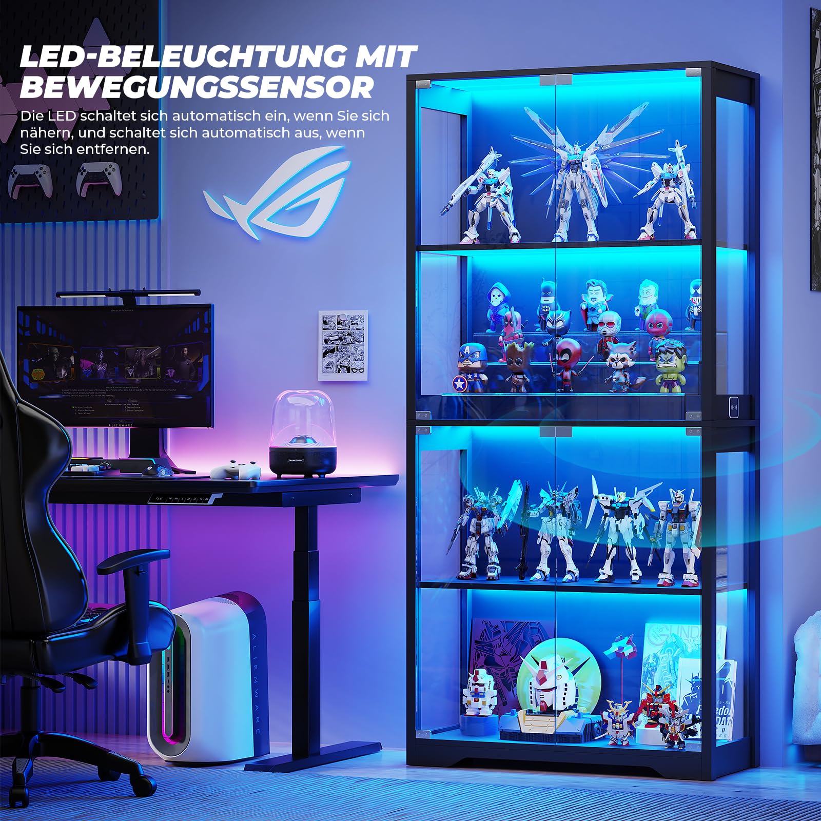 BROTTAR Beleuchtete Glasvitrine mit LED Sensor, moderner Vitrinenschrank & Standvitrine, 4 Etagen Sicherheitsglas Vitrine für Lego, Figuren und Sammlungen, Schwarz