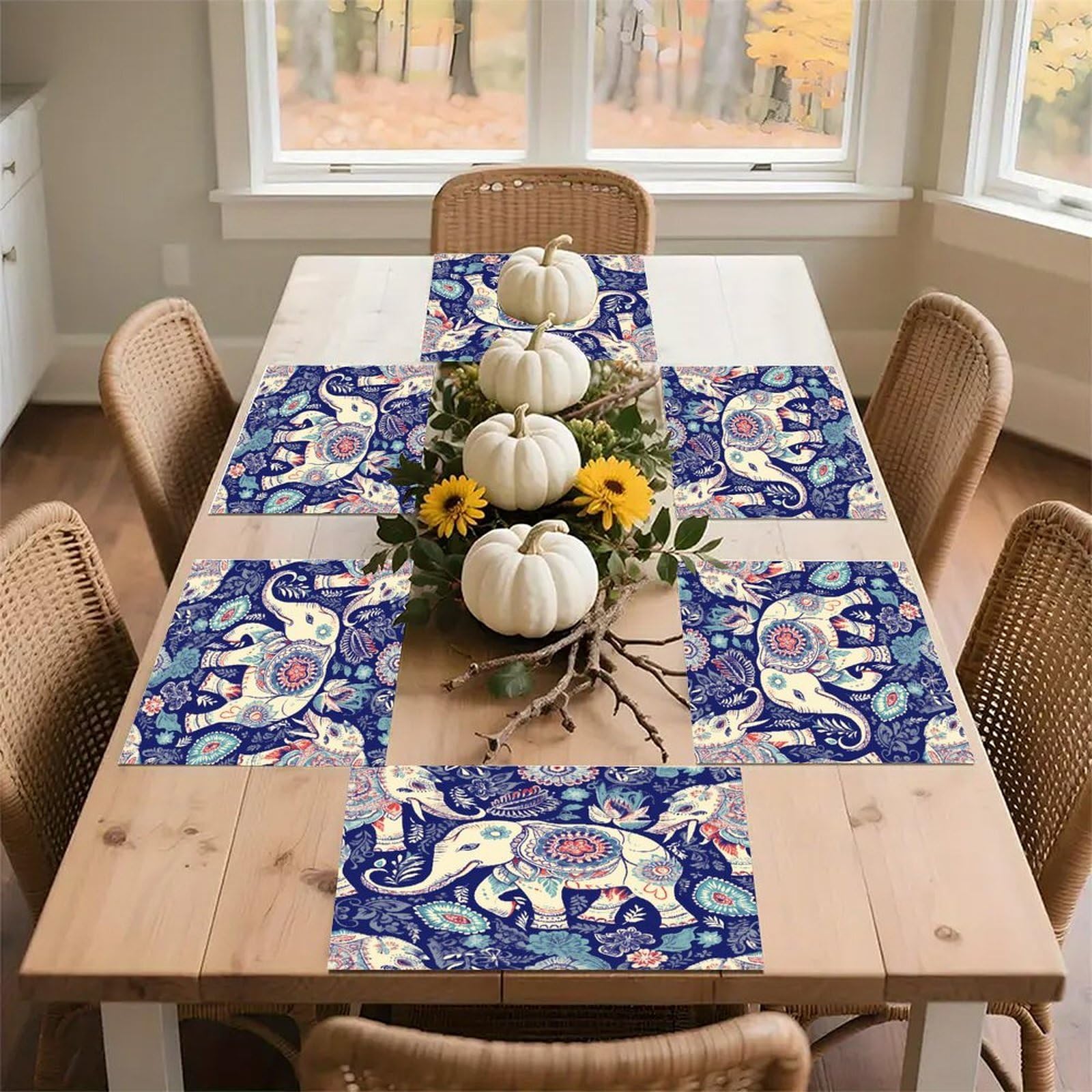 Boho Elephant Placemats Non-Slip Heat Resistant Table Mats Flax Washable Cloth Place Mats Easy to Clean Premium Placemat for Kitchen Dining Table Decor Party Outdoor