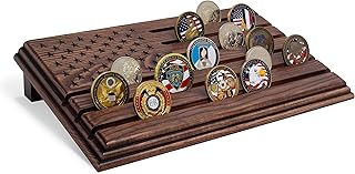 TESLYAR 6 Rows Military Challenge Coins Stand Holder Display Rack Wooden Army Collectible Challenge Coin Display Case Wood Stand, Holds 30-36 Coins Natural Solid Wood Brown American Flag