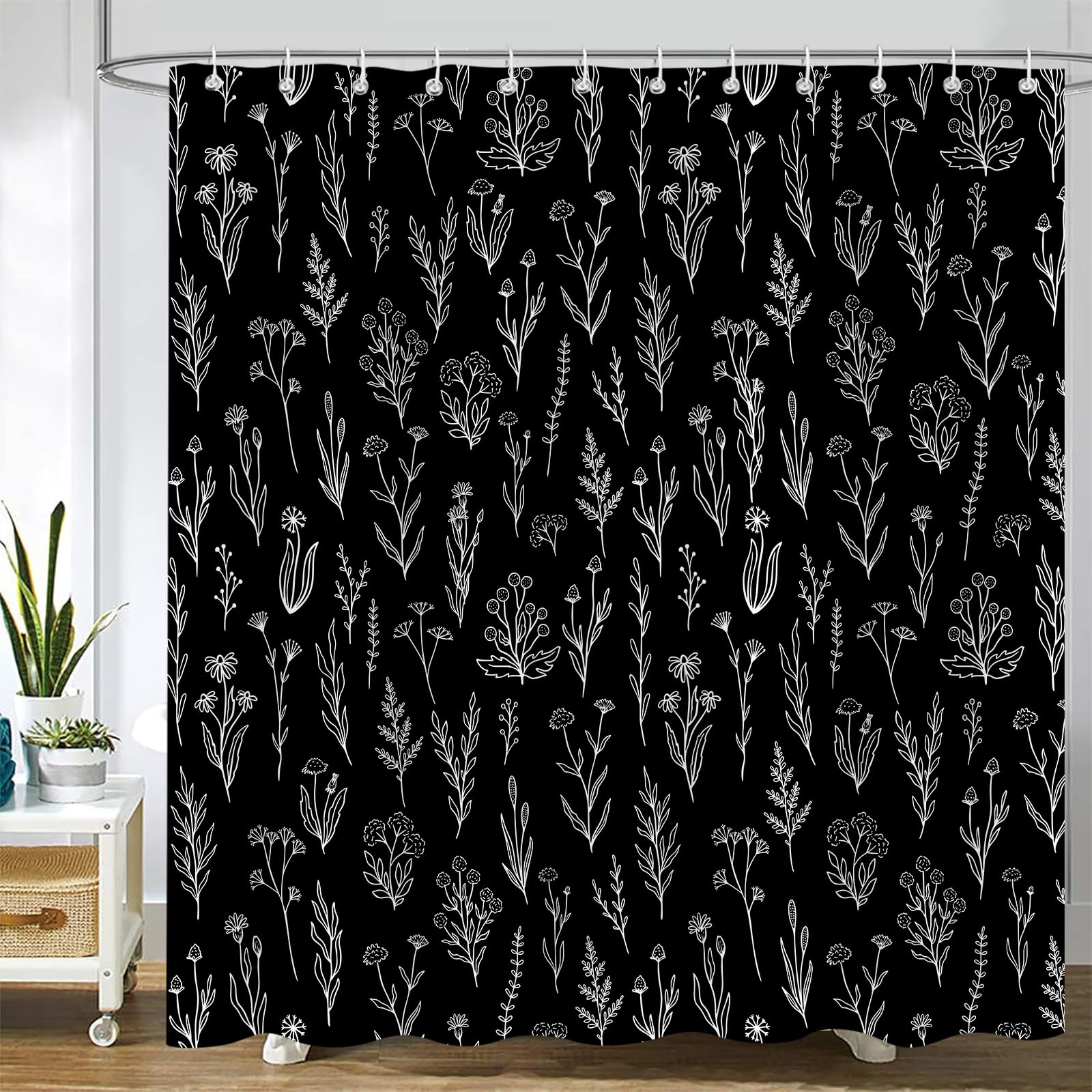 Emwnodti Vintage Botanical Shower Curtain for Bathroom Decor, Black and White Wild Plant Modern Boho Flower Bath Curtain, Polyester Fabric Waterproof