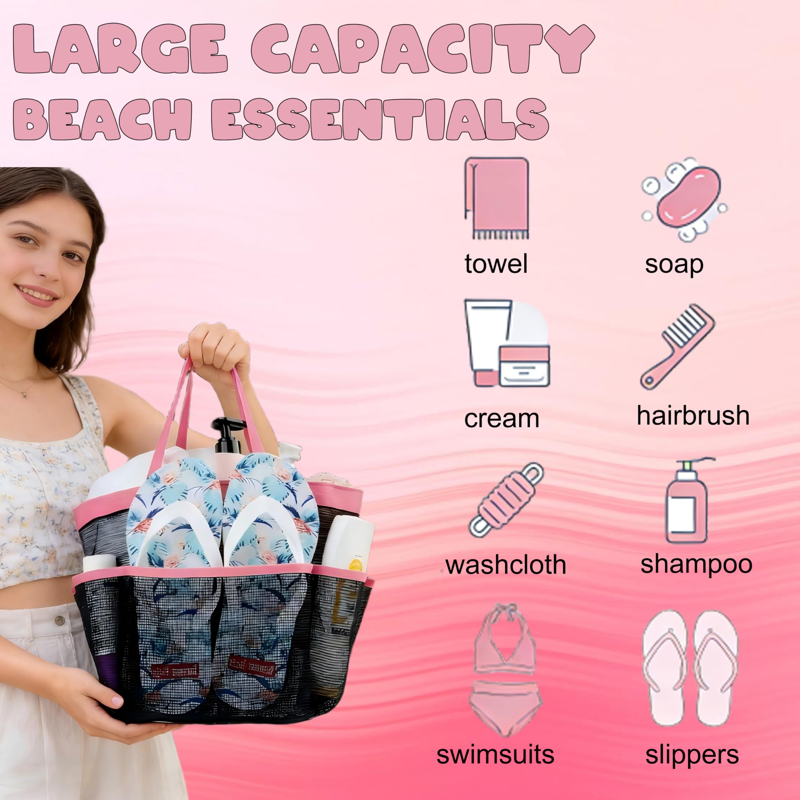 Attmu Paquete de 2 bolsas de malla portátil para ducha con 8 bolsillos de almacenamiento de malla, bolsa de ducha impermeable de secado rápido Oxford