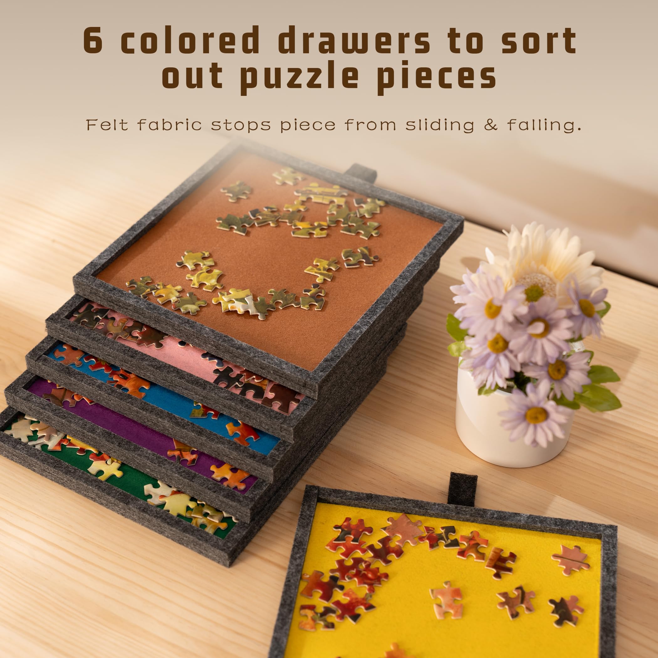 Tektalk Tavolo puzzle pieghevole con coperchio, 3 angoli di inclinazione, in feltro leggero e portatile, con 6 cassetti di classificazione, per fino a 2000 pezzi, grigio scuro