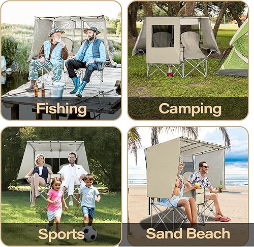 Miniatura 7 de BESTHLS Silla de campamento doble con toldo  Sofá biplaza 600D resistente para adultos, silla de playa para 2 personas con paraguas, sofá biplaza