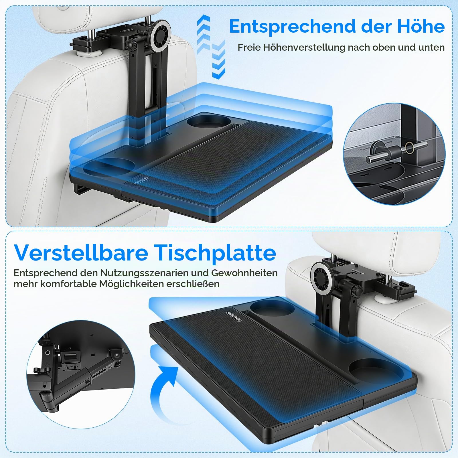 Auto Tisch für Rücksitz Beifahrer,20KG Einstellbar Autotisch für Kind rücksitz mit Getränkehalter und Handyhalter,Auto Tisch Kinder für Auto Rücksitz Erwachsene Kinder Arbeit und Unterhaltung