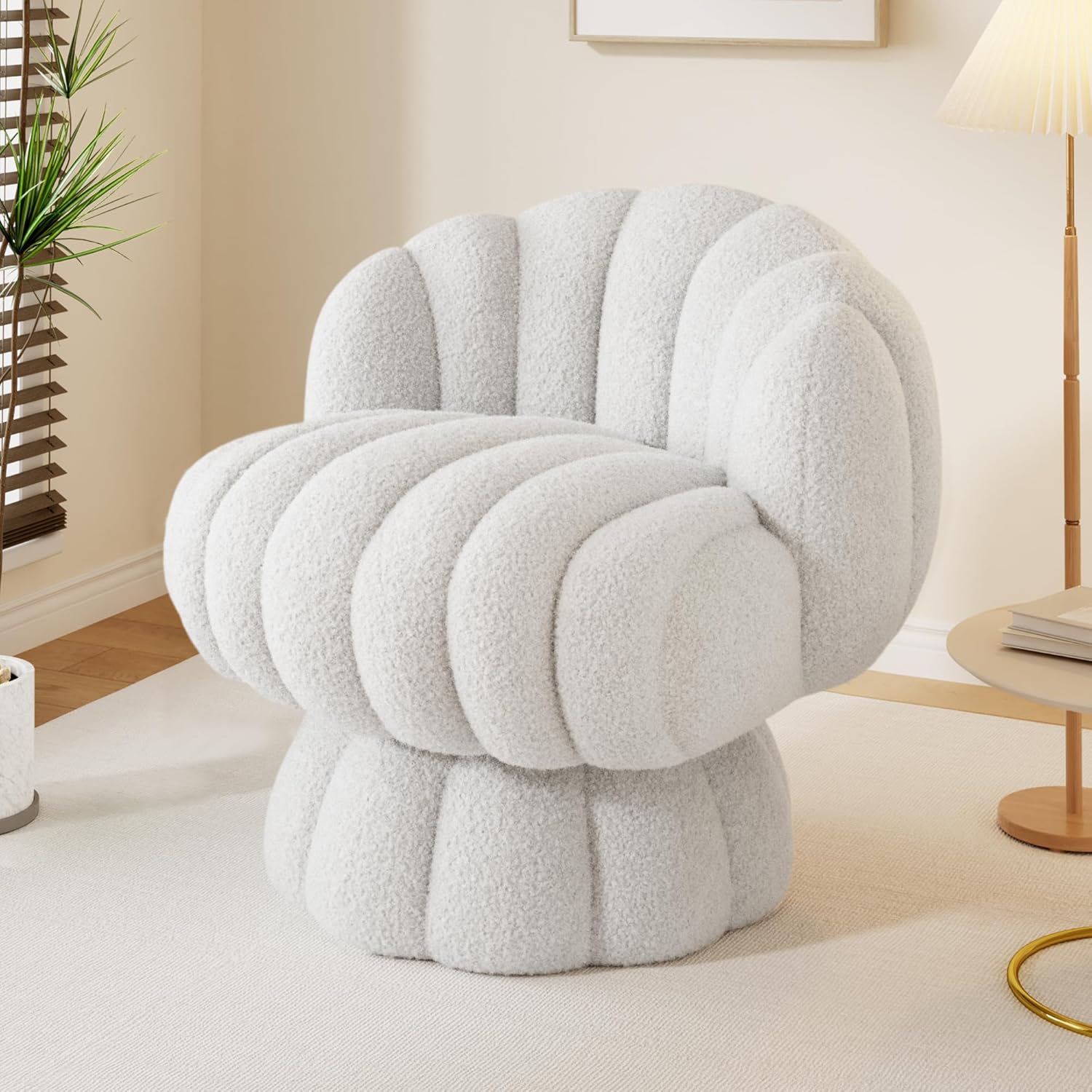Mid Century Modern 360 Degree Barrel Swivel Accent Vanity Chair,Fluffy Sherpa Fabric Lounge Wide Upholstered Pumpkin Reading Chair, Round Cloud Armchair for Living Room,Bedroom,Vanity(Beige)