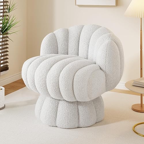 Silla de tocador moderna de mediados de siglo con barril giratorio de 360 grados, tela sherpa esponjosa, silla de lectura de calabaza, sillón beige