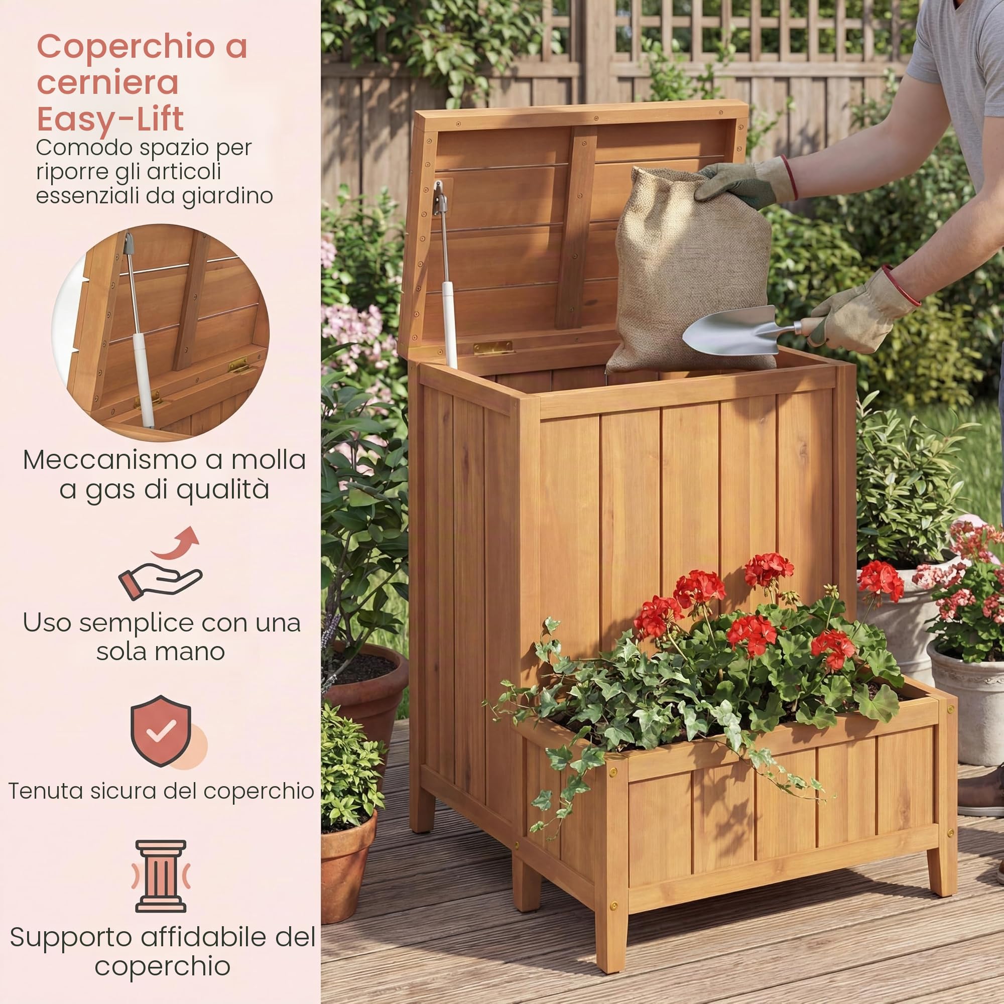 HOMASIS Baule Cassapanca con Fioriera da Giardino, Baule Contenitore da Esterno con Coperchio e Asta a Gas, Letto da Giardino in Legno per Porta Pacchi e Piante, per Patio e Piscina, 57x52,5x70 cm