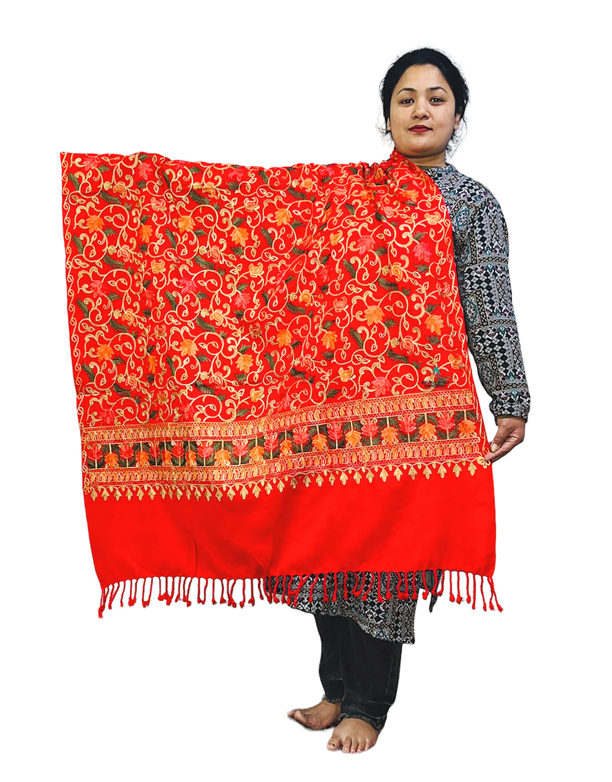 Women's Kashmiri Aari Embroided Floral pure wool Woven Shawls, Wraps (SIZE: 40" X 80")-image-25