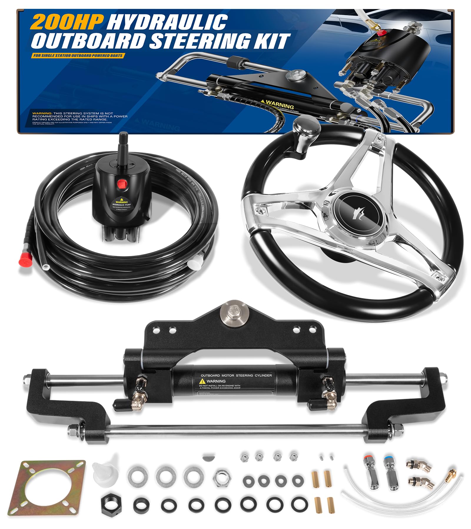 Photo 1 of ??????? 200HP Hydraulic Outboard Steering Kit Boat Marine System with Electroplated Steering Wheel, Helm Pump, Hydraulic Cylinder, 26ft PU Hoses, Fit for Most Single Outboard-Powered Boats