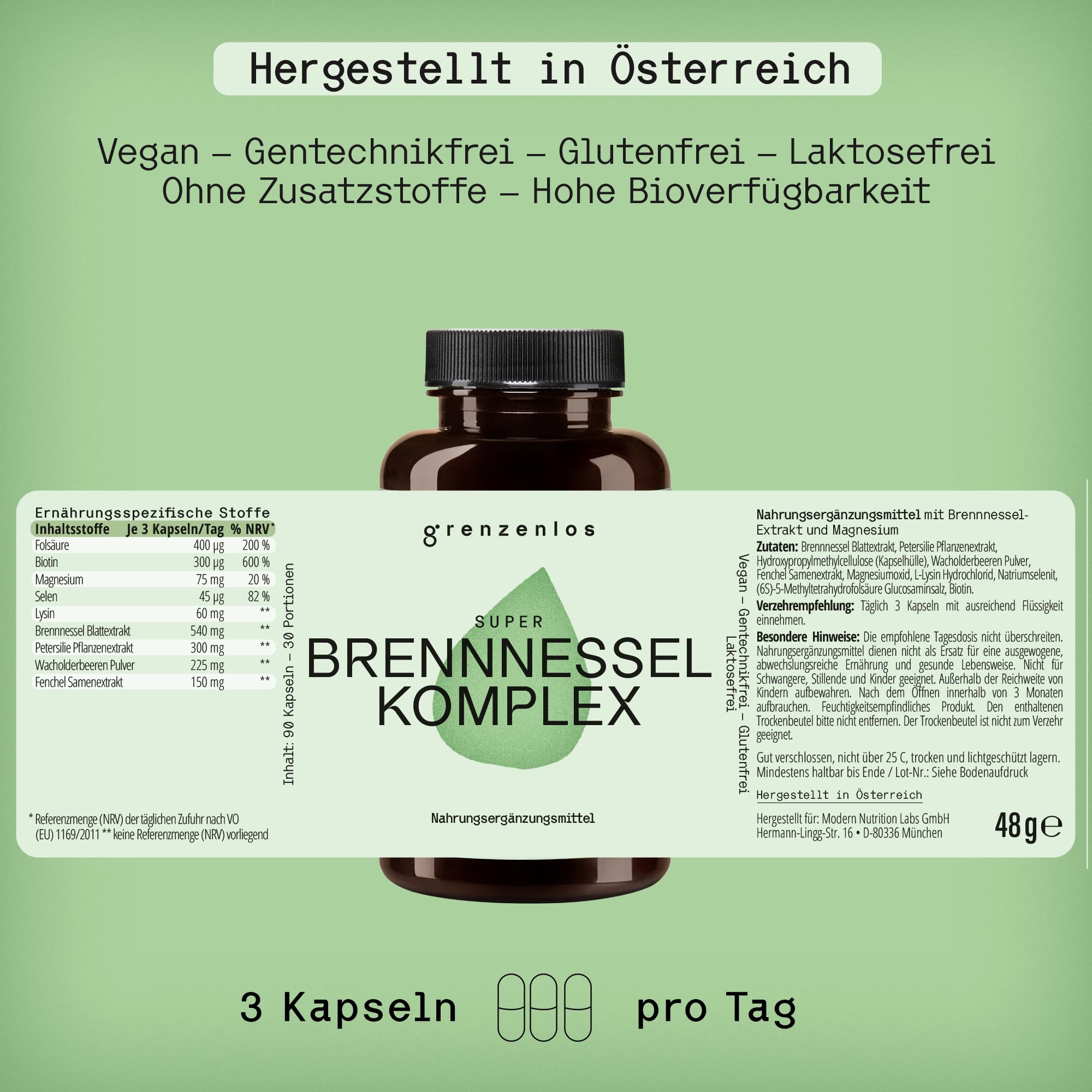 grenzenlos® Super Brennnessel 9-in-1 Komplex | 540mg Brennnesselblatt-Extrakt + Wacholder, Petersilie & Fenchel | pflanzliche Alternative zu Entwässerungstabletten | 90 Kapseln vegan | Made in Austria