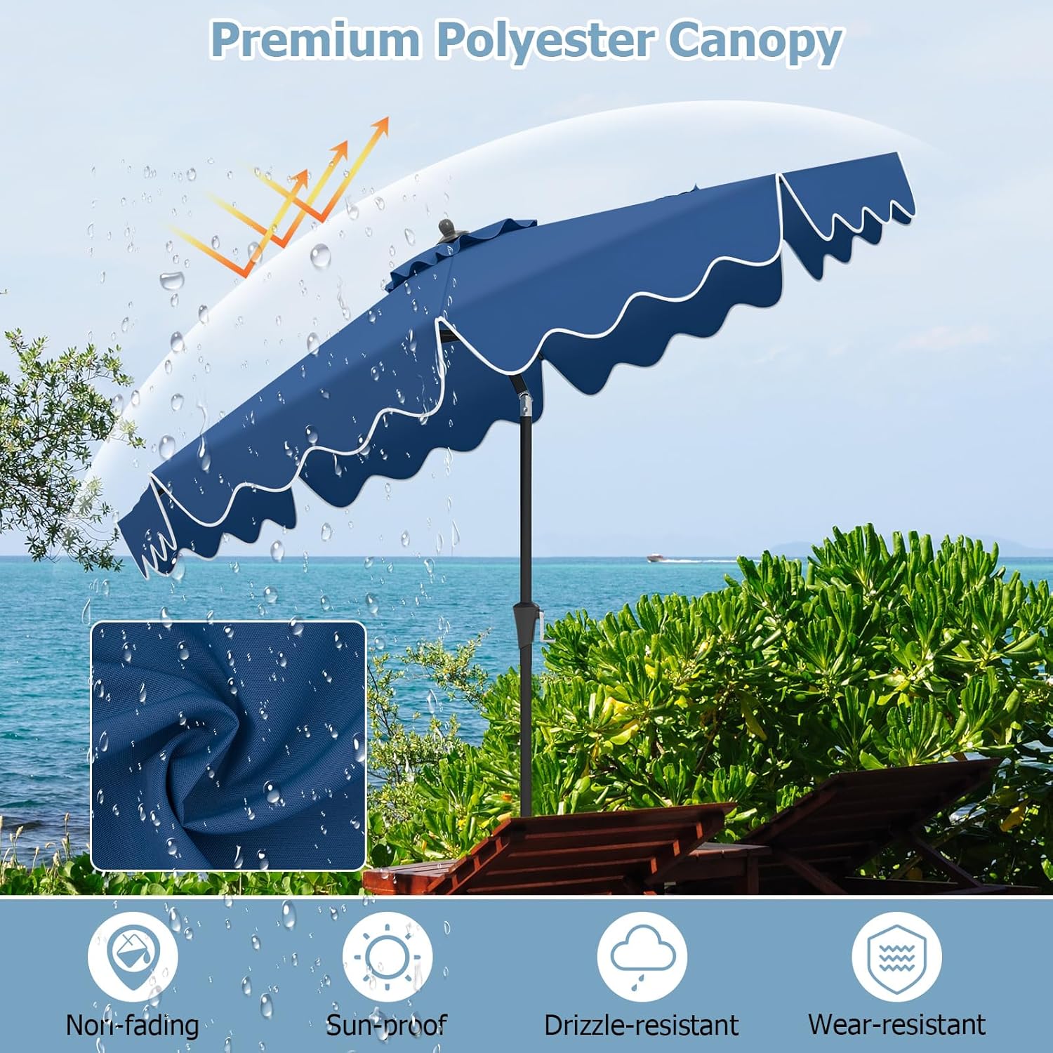 HAPPYGRILL 9 FT Ruffled Patio Umbrella with Push Button Tilt, Crank, 8 Ribs, Outdoor Heavy-Duty Market Table Umbrella for Yard Garden Pool