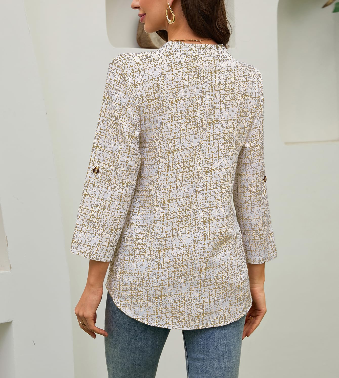 Women's Casual V-Neck Shirt Long Sleeve Button Work Tops Business Casual Summer Floral Tops - Image 2