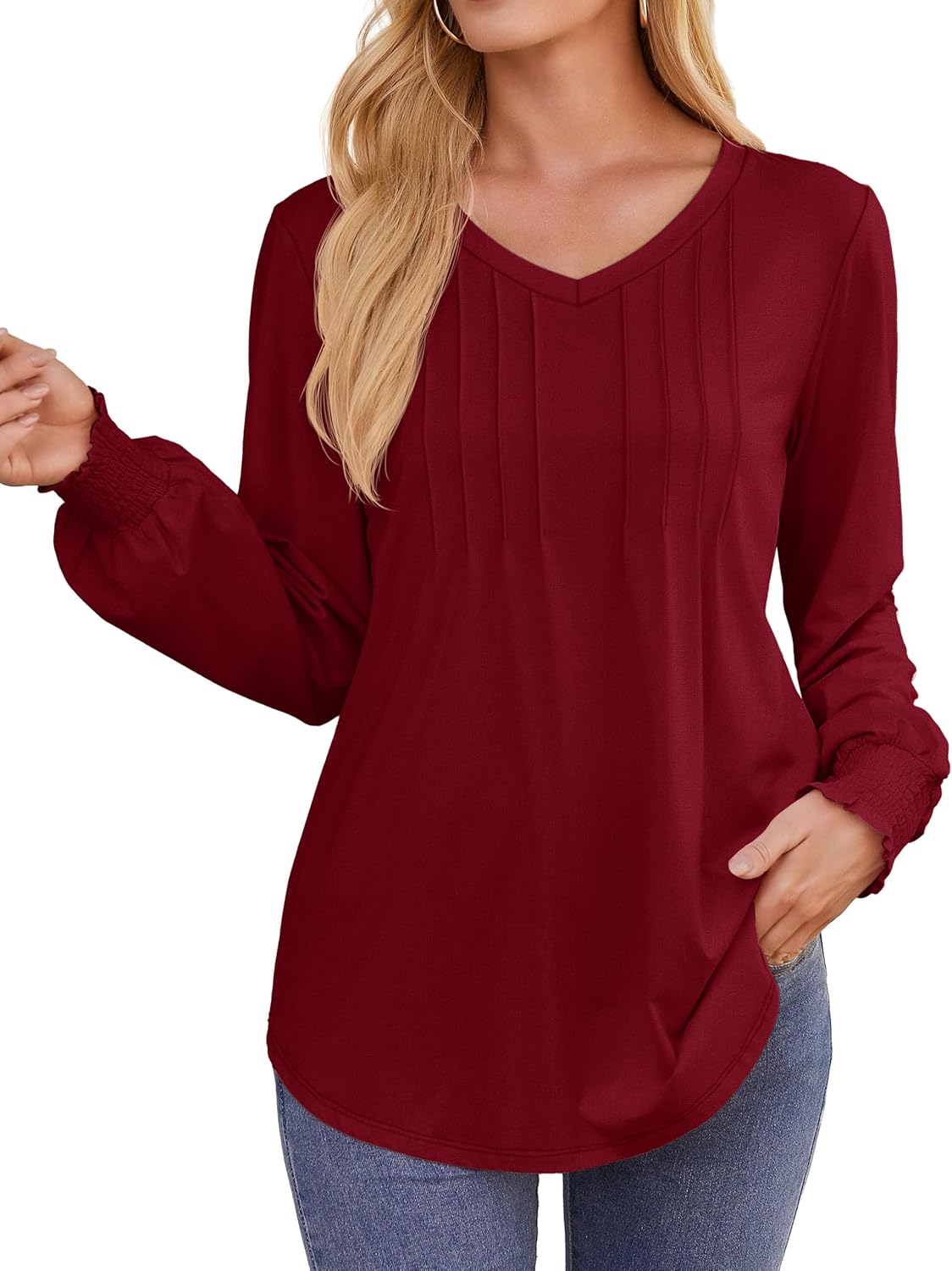 YUCOLEN Womens Long Sleeve Shirt V Neck T Shirts Pleated Dressy Casual Blouses Ruffle Cuffs Loose Tunic Tops - Image 3