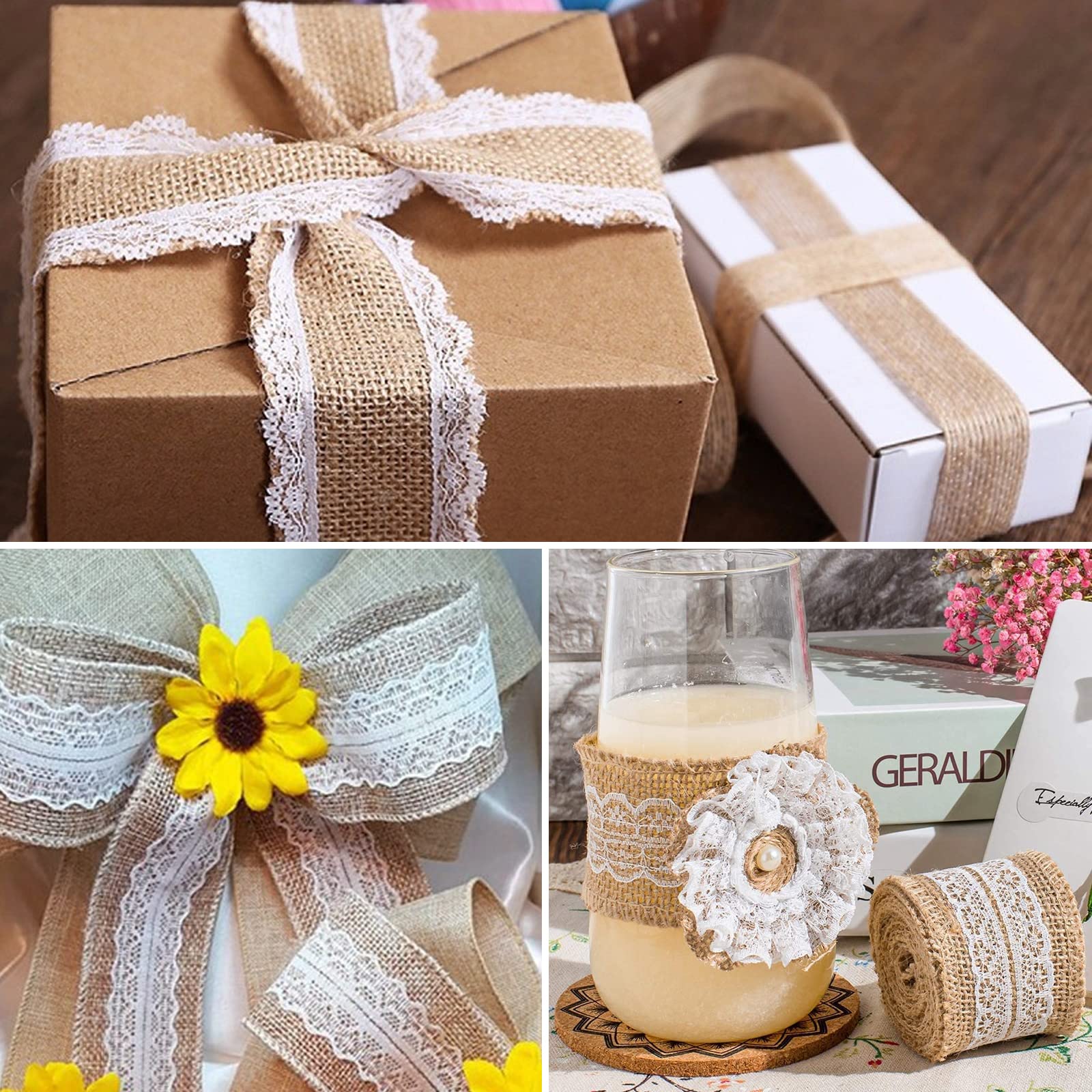 16 Pezzi Nastro Juta Con Pizzo Bianco - Per Matrimoni, Decorazioni Vintage, Fai Da Te E Craft - Foto 6