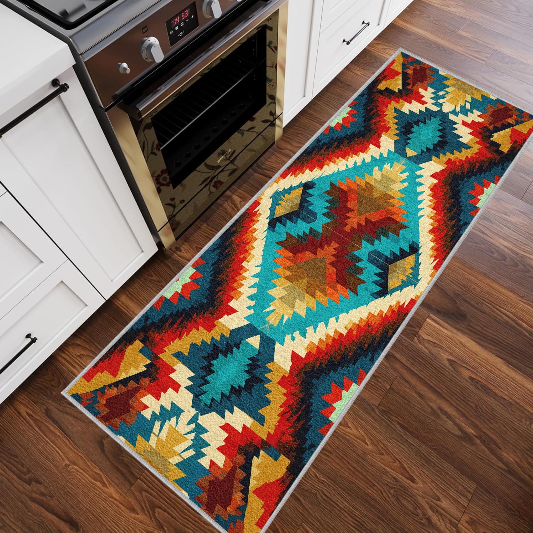 Azteken Navajo Läufer Teppich Flur 50 x 150 cm Waschbar Indianer Südwesten Geometrische Teppichläufer rutschfest Kurzflor Teppich Läufer für Eingang, küche, Schlafzimmer, Wohnzimmer, Korridor ZU&Q306