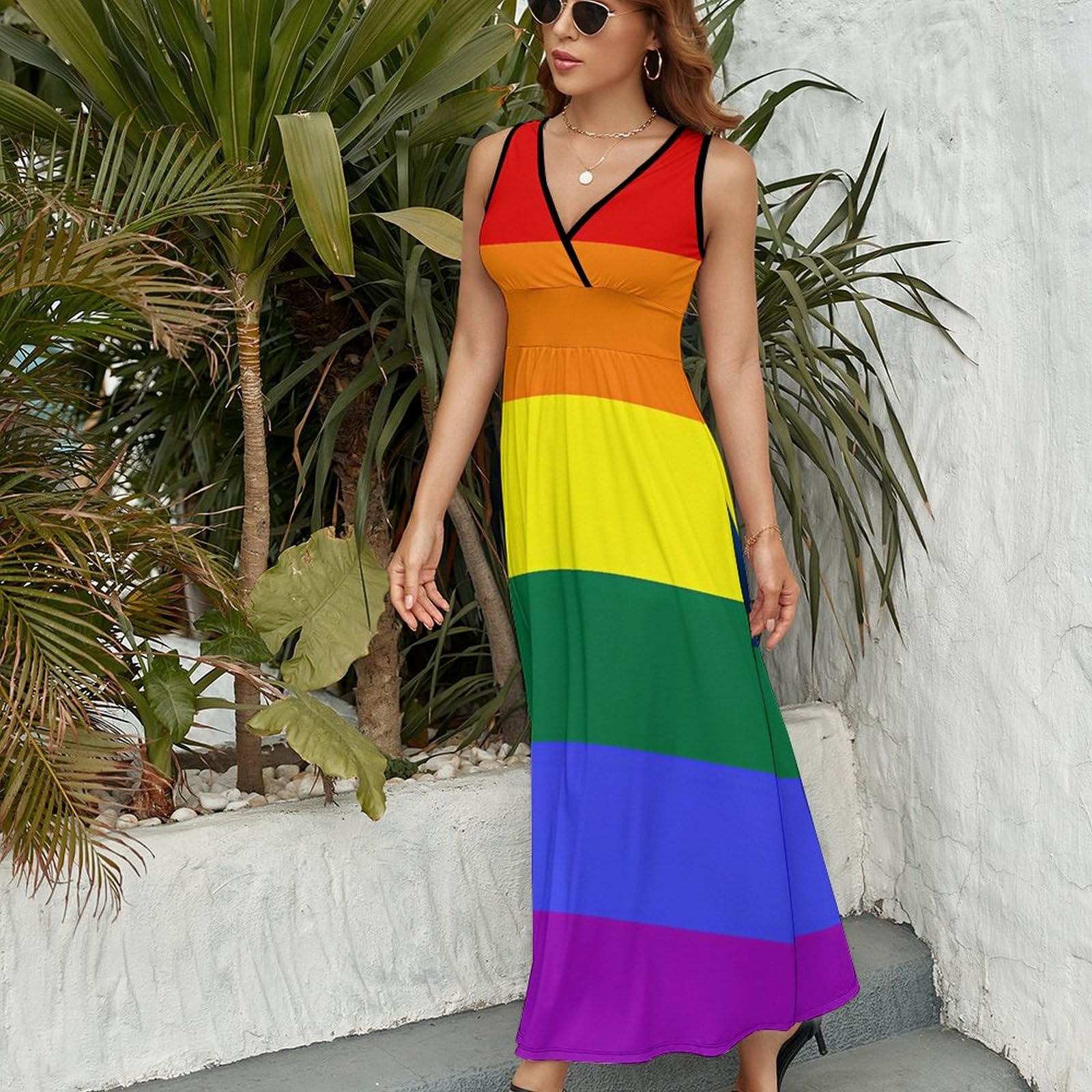 LGBT Rainbow U.S. Flag Sleeveless Maxi Dress for Women V Neck Casual Long Dresses Summer Beach 2XL