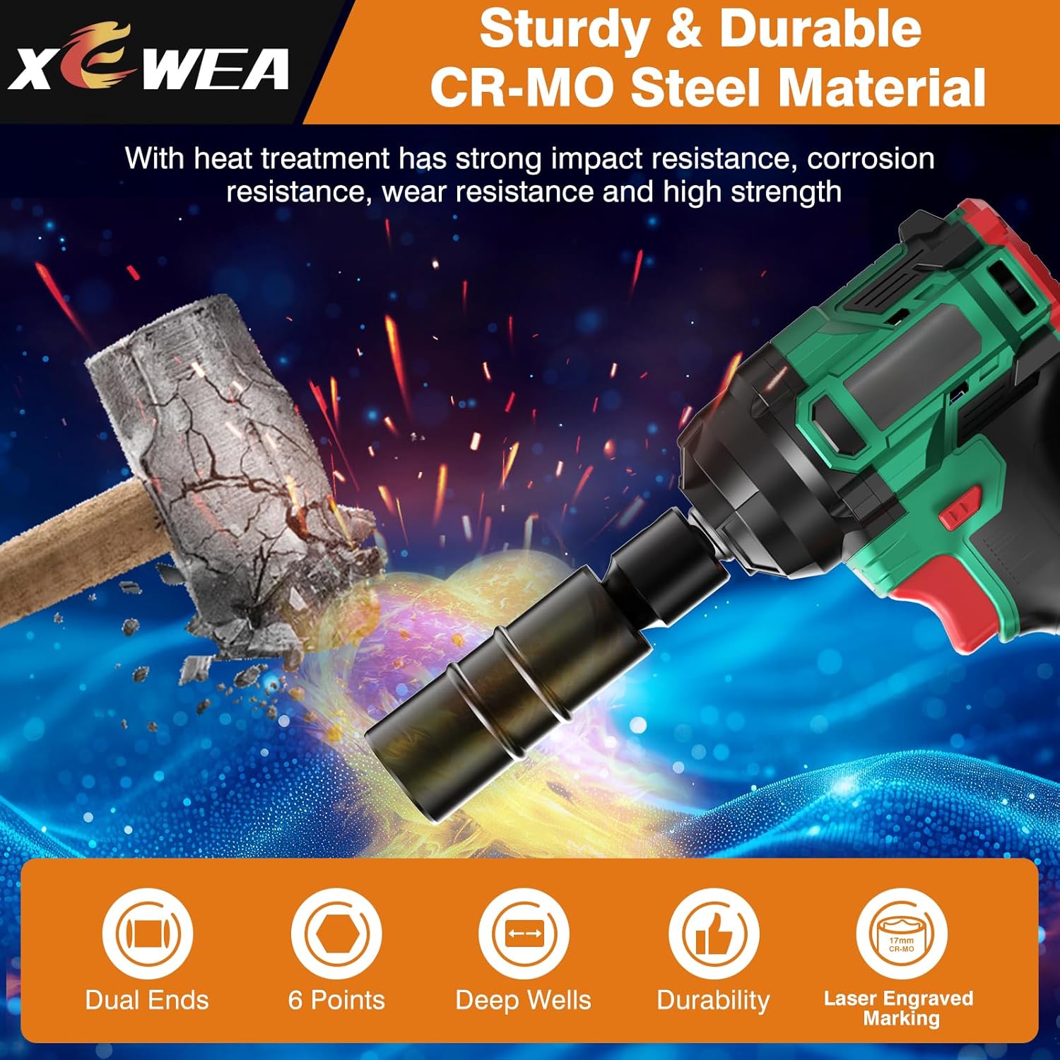 6PCS Thin Wall Lug Nut Impact Socket Set, XEWEA 1/2" Drive Impact Flip Socket Set, 8 in 1 Dual End Wheel Tire Nut Sockets Metric 17 19 21 22 mm & SAE 3/4" 13/16" 7/8" 15/16", Impact CR-MO Tool