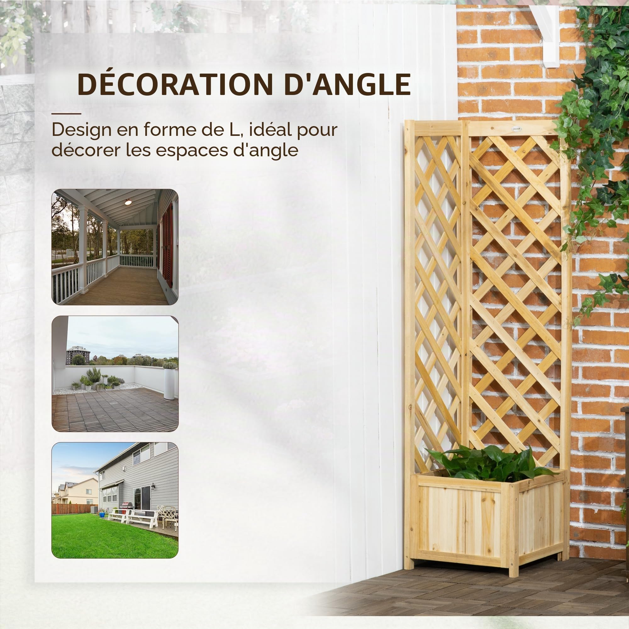 Outsunny Lit de Jardin surélevé en Bois avec Treillis, Naturel | Boîte de coin autoportante de 57", pour plantes grimpantes, fleurs, grimpe et plantation