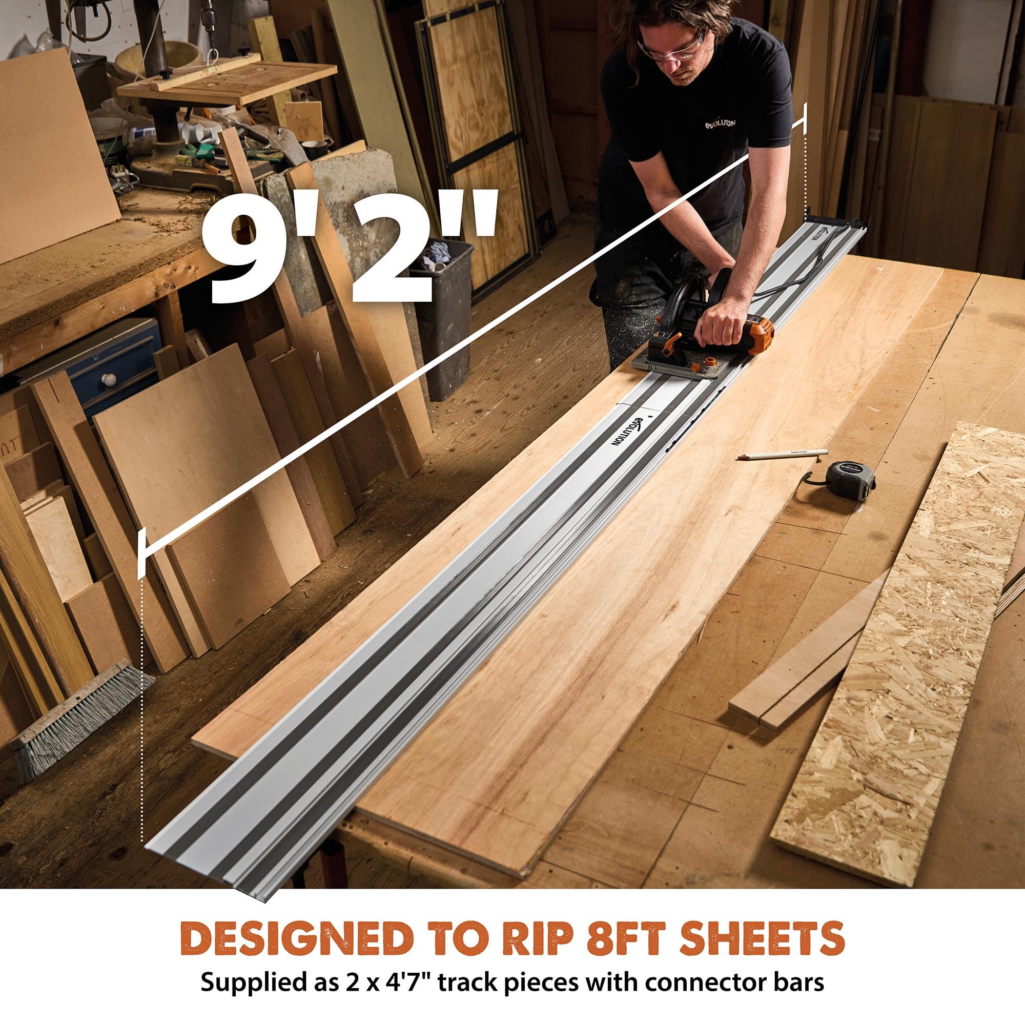 Evolution ST2800-G2 110" Circular Saw Guide Rail/Track | Universal Fit: Makita, Bosch, Festool, Triton, Metabo | 110"/9.2ft (2.8m) | Includes Self-Aligning Bars, 2x Track Clamps, Hex Key & Carry Bag