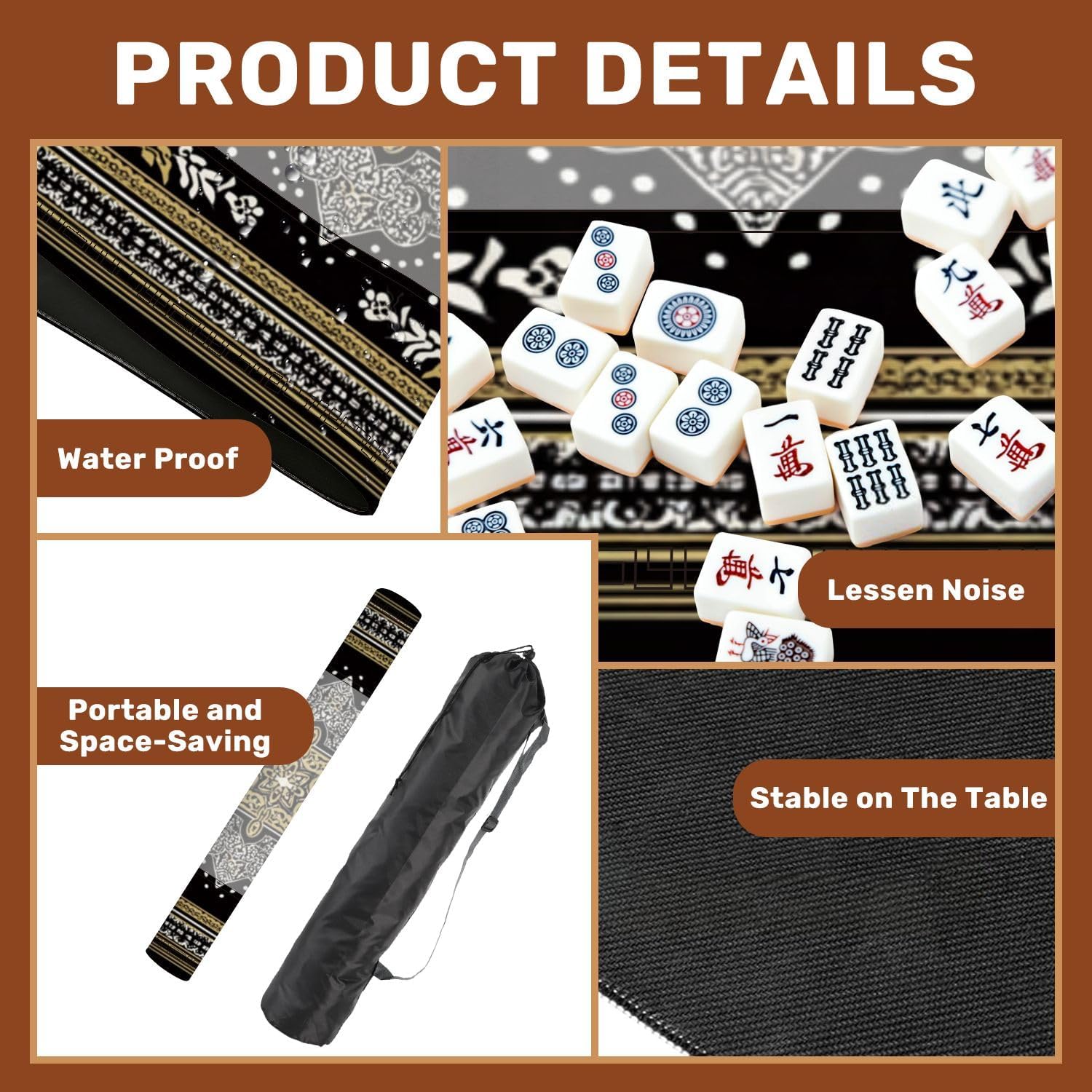 Mahjong Mat 31.5" x 31.5" Ornate Black Gold Floral Intricate White Detailing Non-Slip Noise Reduction Mahjong Tiles Table Cover for Dominoes Poker Card Board and Tile Games