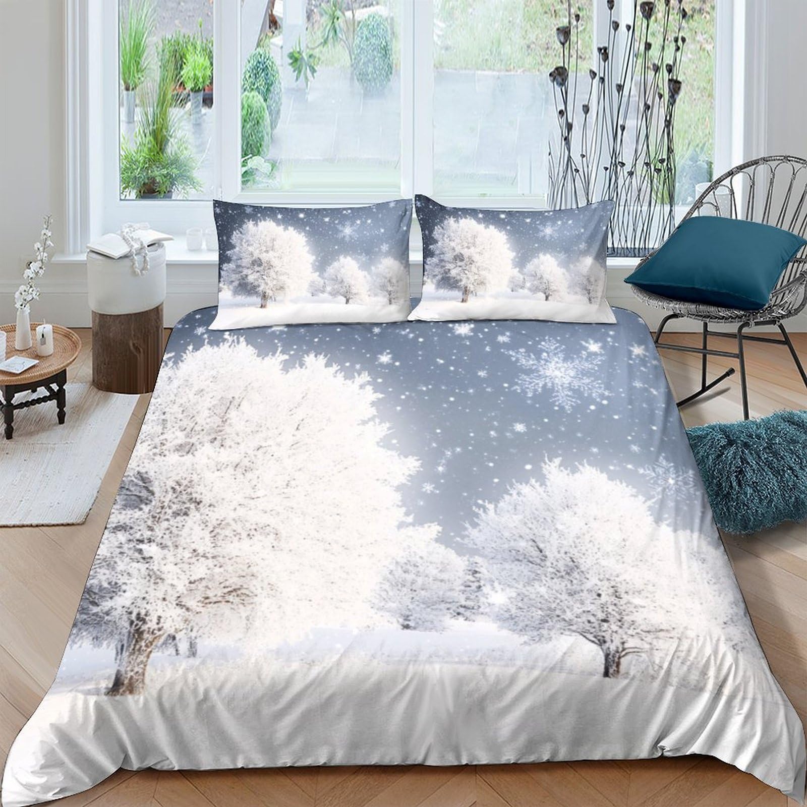 Ctjqhvkz Style-4 3D Printed Winter Snow Landscape Fitted Sheet Microfiber Soft Bedroom Decor Forest Mattress Cover For Home Dorm Single（135X200cm）