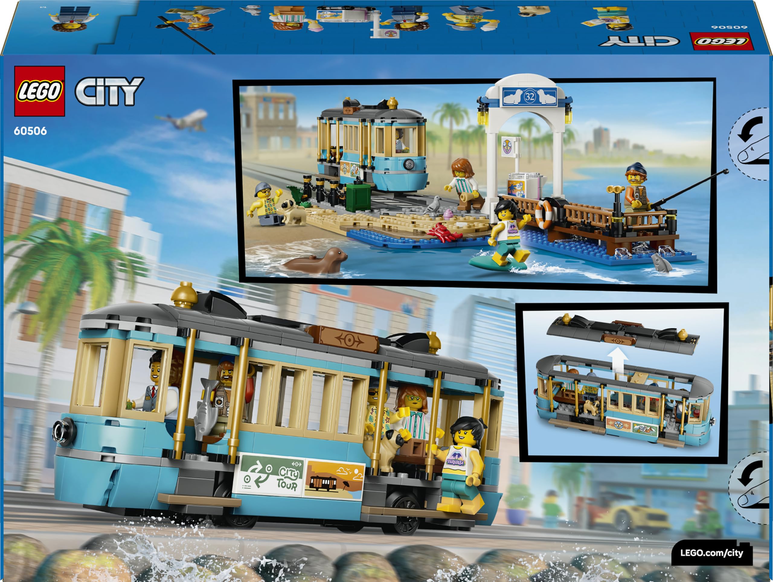 LEGO City Klassische Strandstraßenbahn Spielzeug - Modellbau mit Schienenstrecke, Straßenszene, 5 Minifiguren und 5 Tierfiguren - Geburtstagsgeschenk für Jungen ab 7 Jahren - 60506
