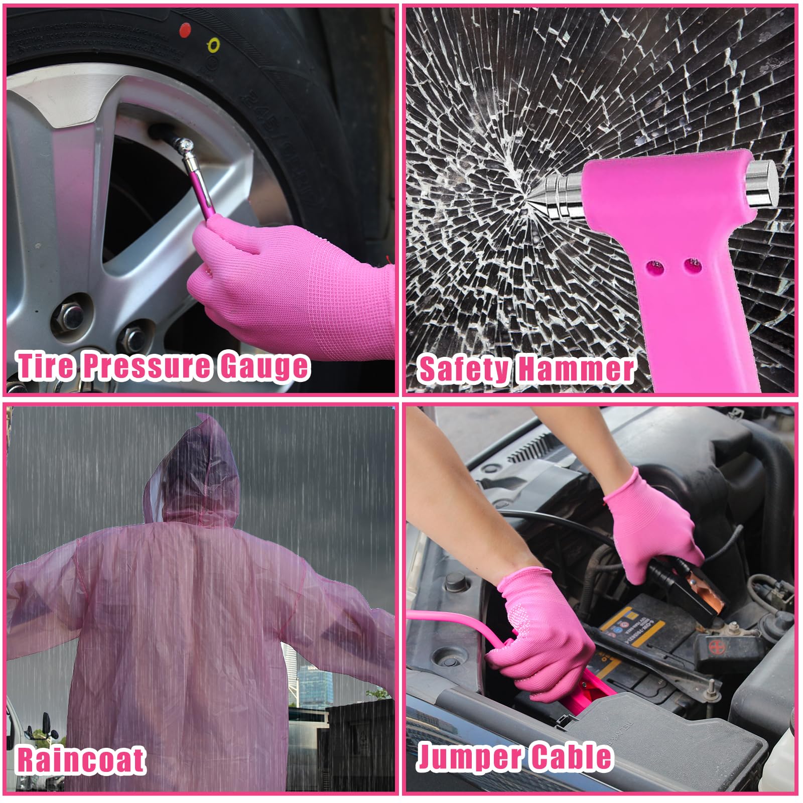 Car Emergency Kit Pink Roadside Emergency Car Kit with Jumper Cables Tow Rope Safety Hammer Pink Car Accessories — view 6