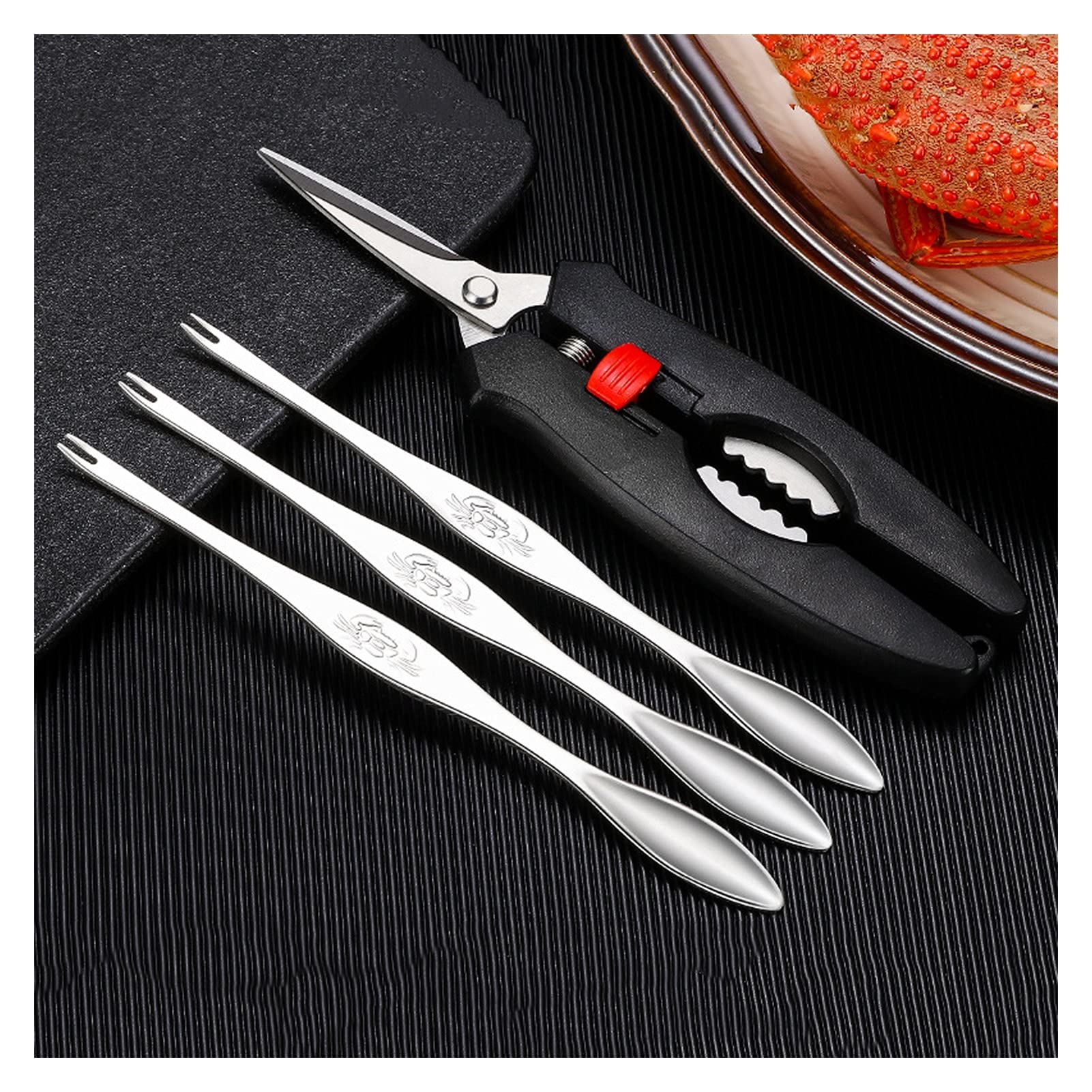 Set di Utensili per Frutti di Mare Il Set di Utensili per Frutti di Mare da 4 Pezzi Contiene 1 Forbice per Frutti di Mare, 3 Forchette per Frutti di Mare E Una Scatola di
