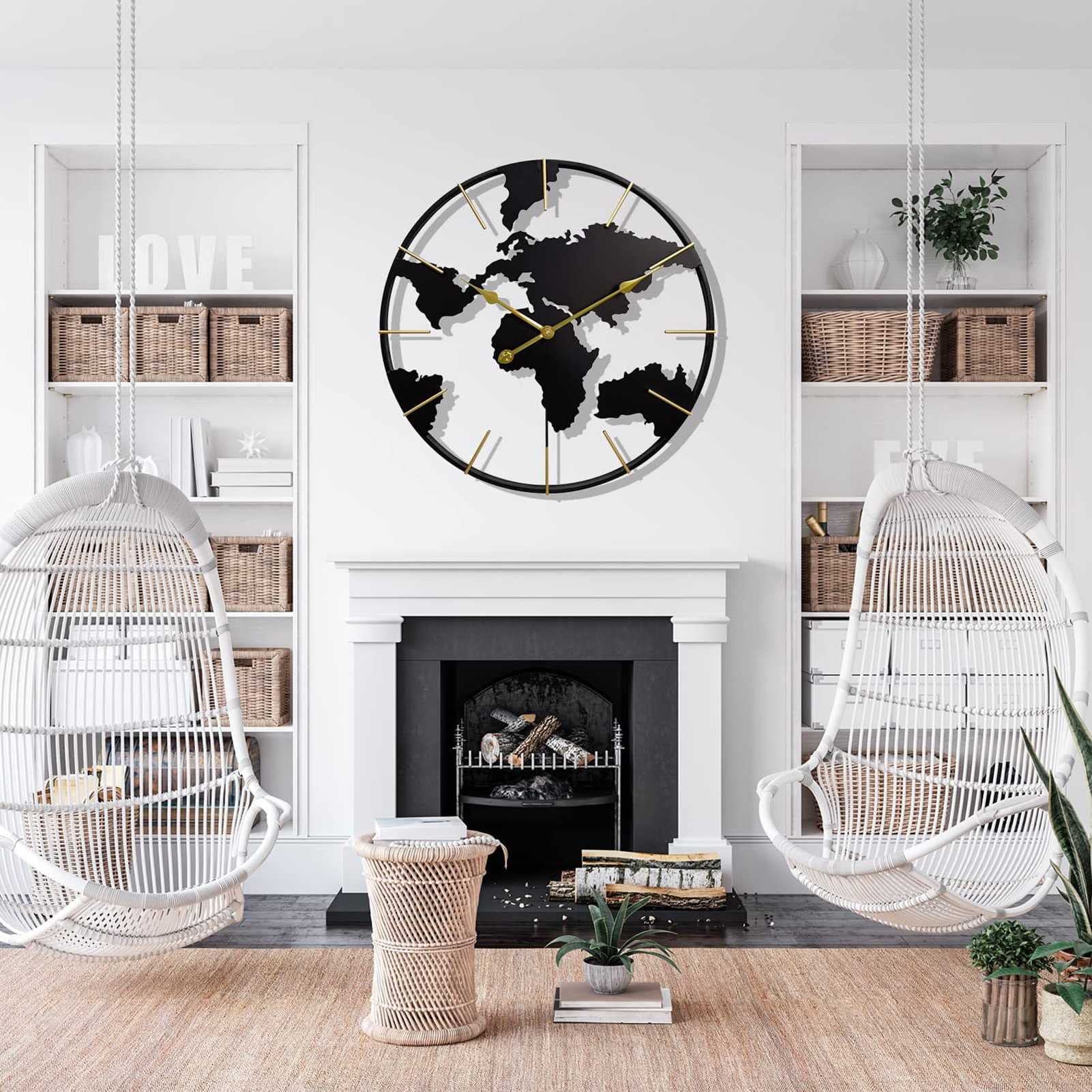 Reloj de pared con mapa del mundo grande, reloj moderno minimalista de metal de 24 pulgadas, relojes redondos silenciosos que no hacen tictac que funcionan con pilas para sala de estar/hogar/cocina/do