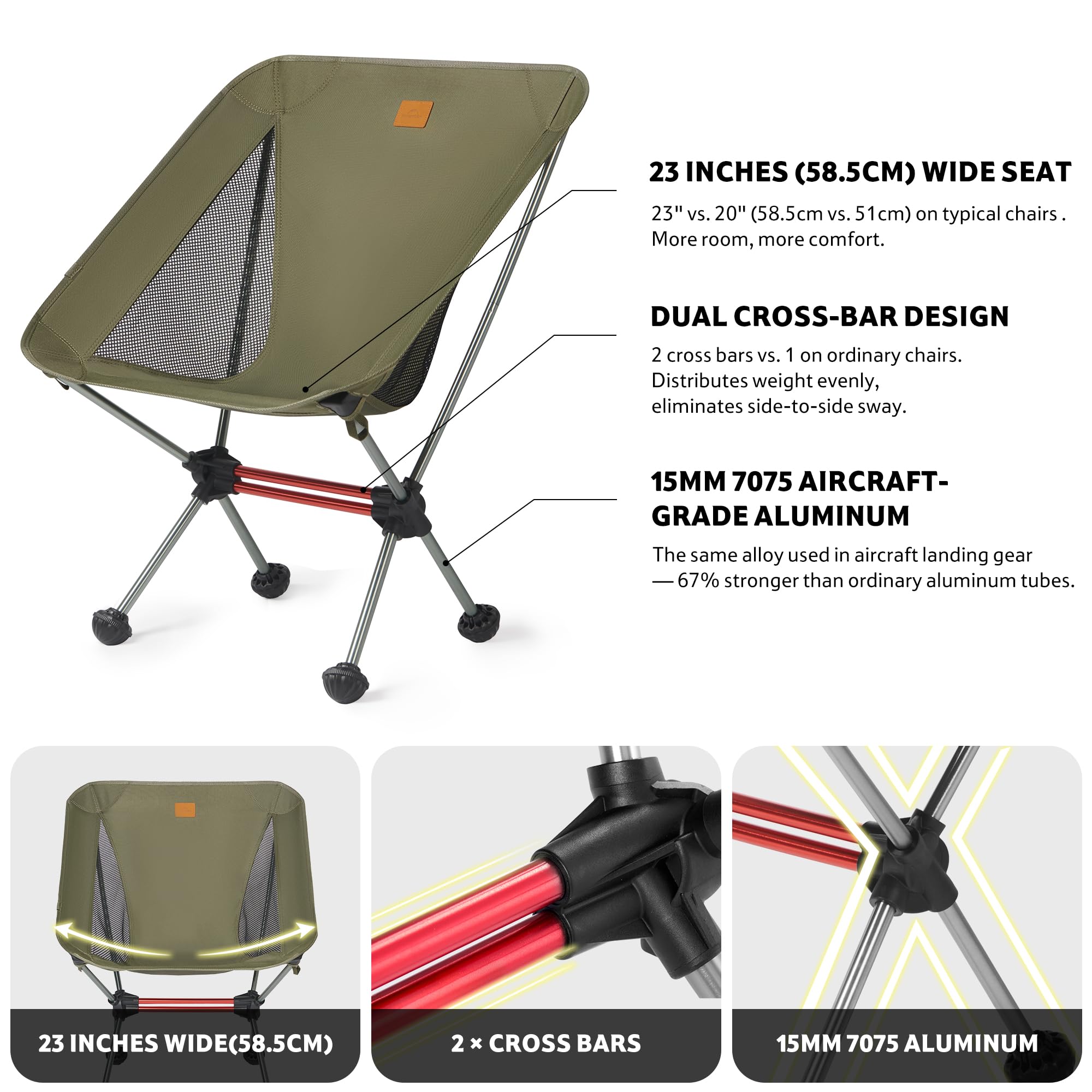 Naturehike Sedia da campeggio ultraleggera, pieghevole, piccola confezione è di 150 kg, per la pesca, picnic, attività all'aria aperta (verde)