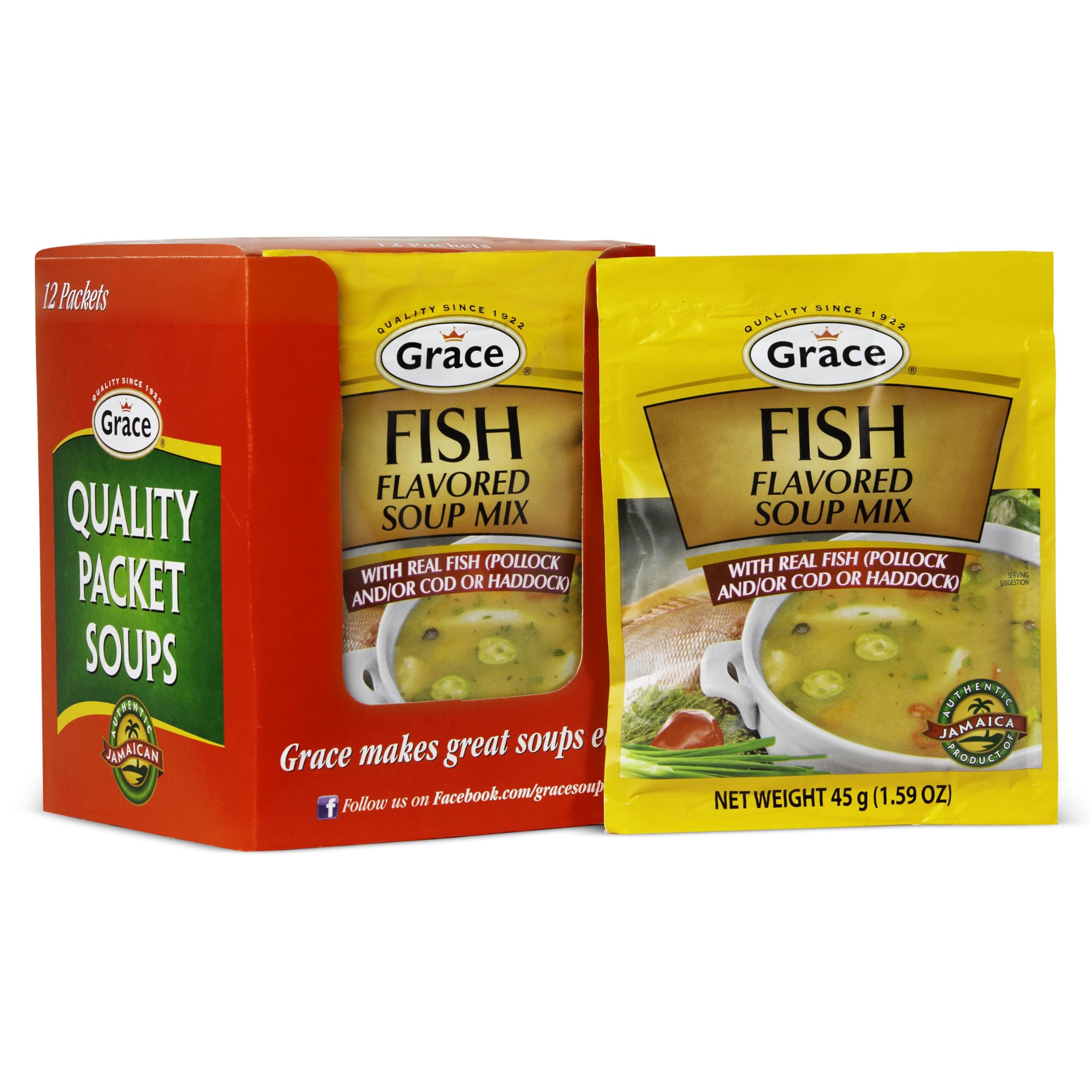 Grace Fish Flavored Soup Mix 1.59oz - Pack of 12 - Authentic Jamaican Fish Tea Made with Cod, Haddock & Pollock - Caribbean Fish & Seafood Stock Mix