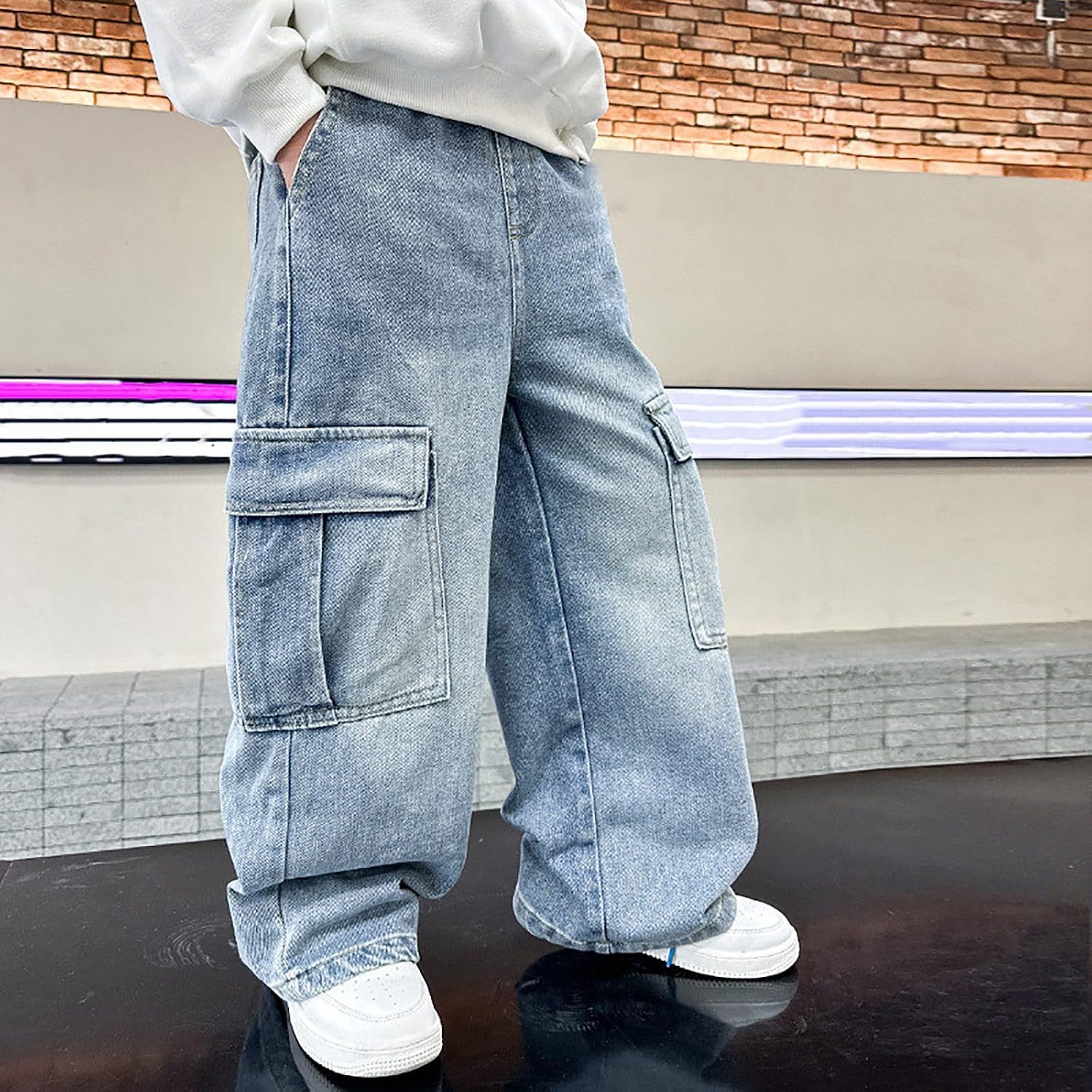 Boys Denim Jeans Pants Casual Baggy Spring Wide Leg Cargo Pants Drawstring Elastic Waistband Loose Fit Lightweight Trousers