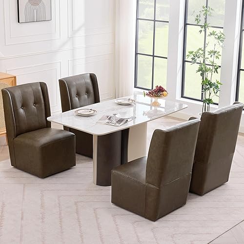 Miniatura 10 de Juego de 2 sillas de comedor con ruedas, moderna silla de comedor enrollada sin brazos tapizada con ruedas para cocina, sala de estar, piel PU